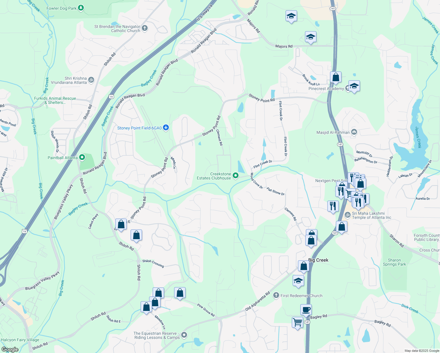 map of restaurants, bars, coffee shops, grocery stores, and more near 2260 Wood Falls Drive in Cumming