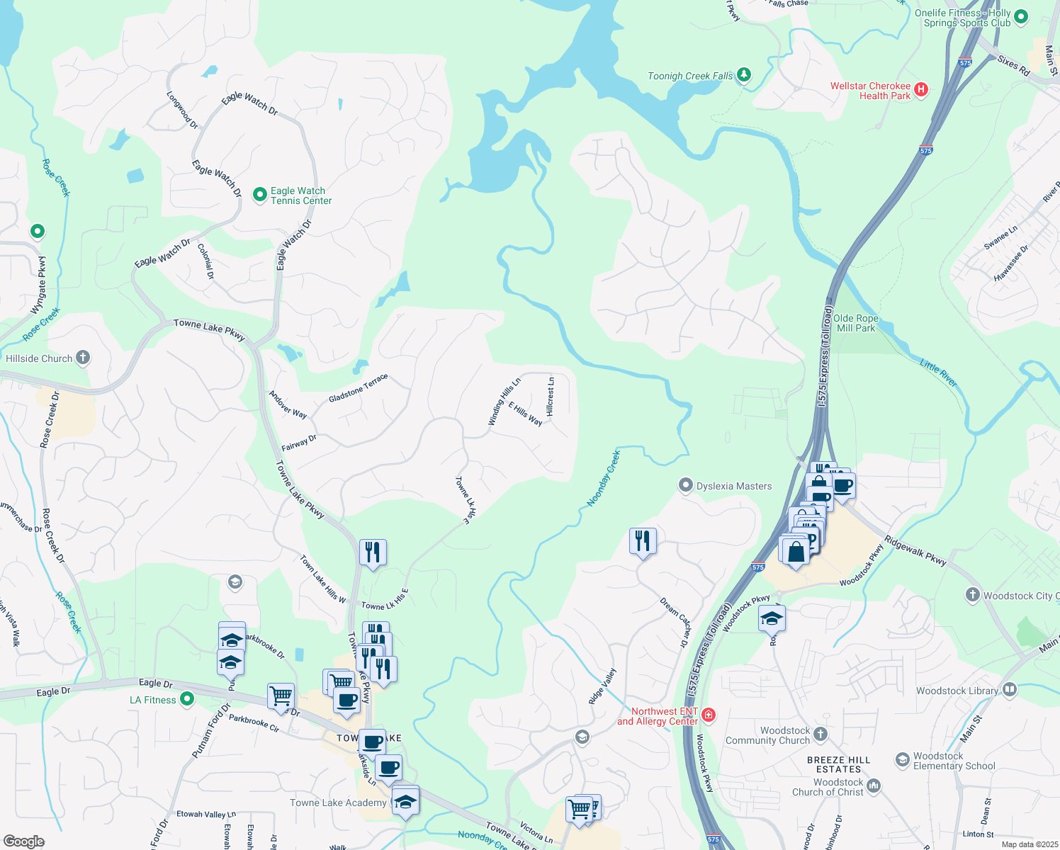 map of restaurants, bars, coffee shops, grocery stores, and more near 7014 East Hills Way in Woodstock