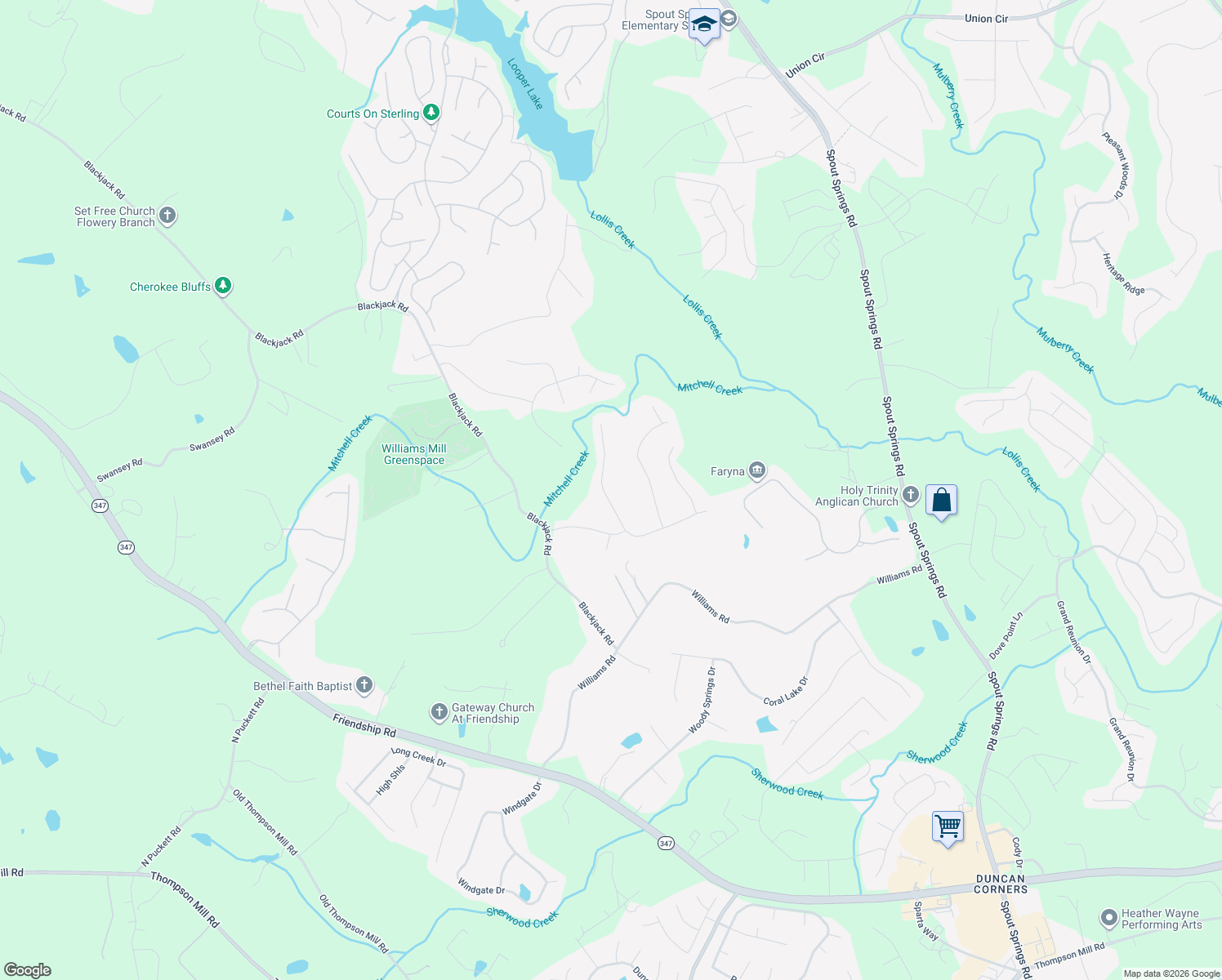 map of restaurants, bars, coffee shops, grocery stores, and more near 6449 River Hill Drive in Flowery Branch