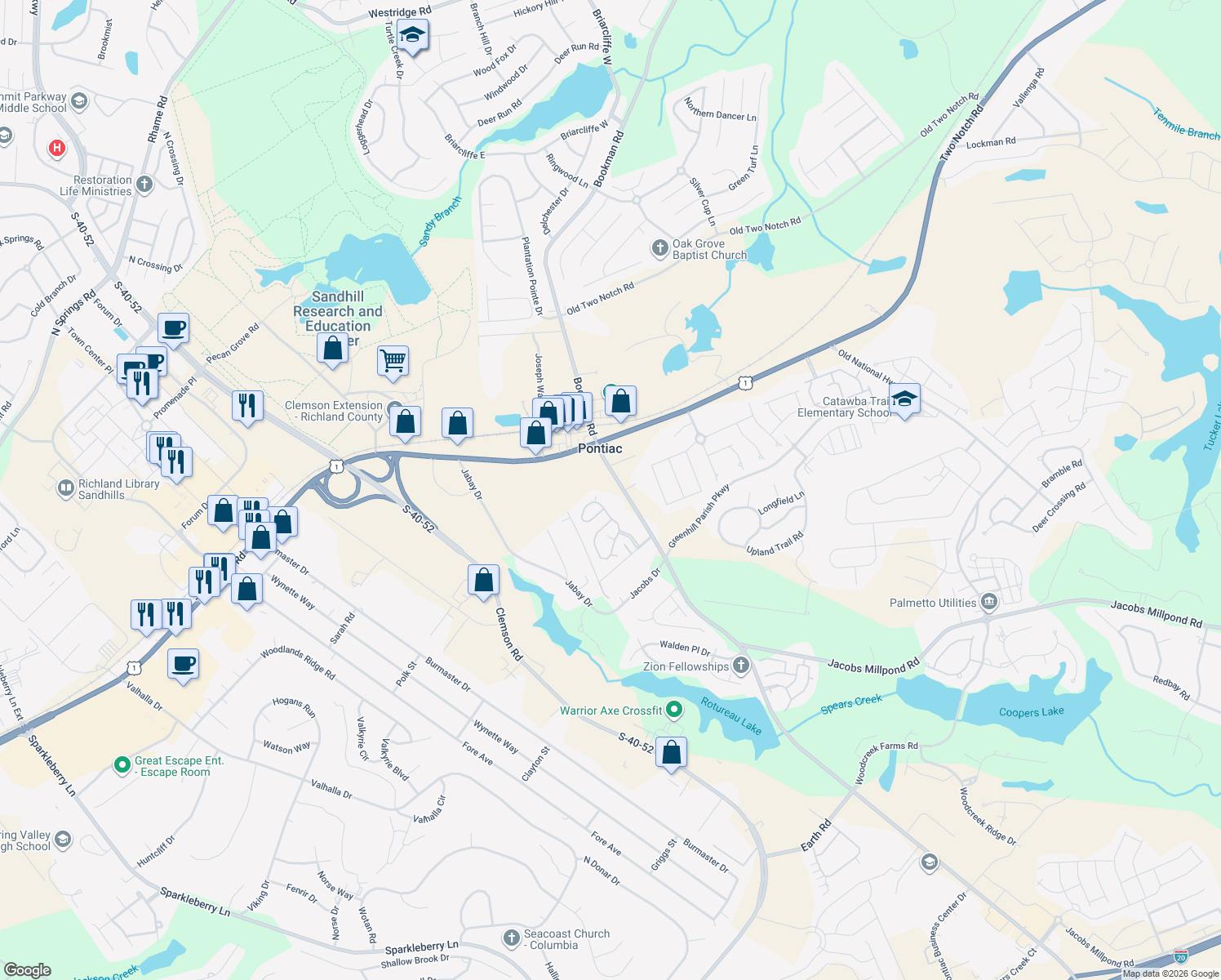 map of restaurants, bars, coffee shops, grocery stores, and more near 130 Spears Creek Church Road in Elgin