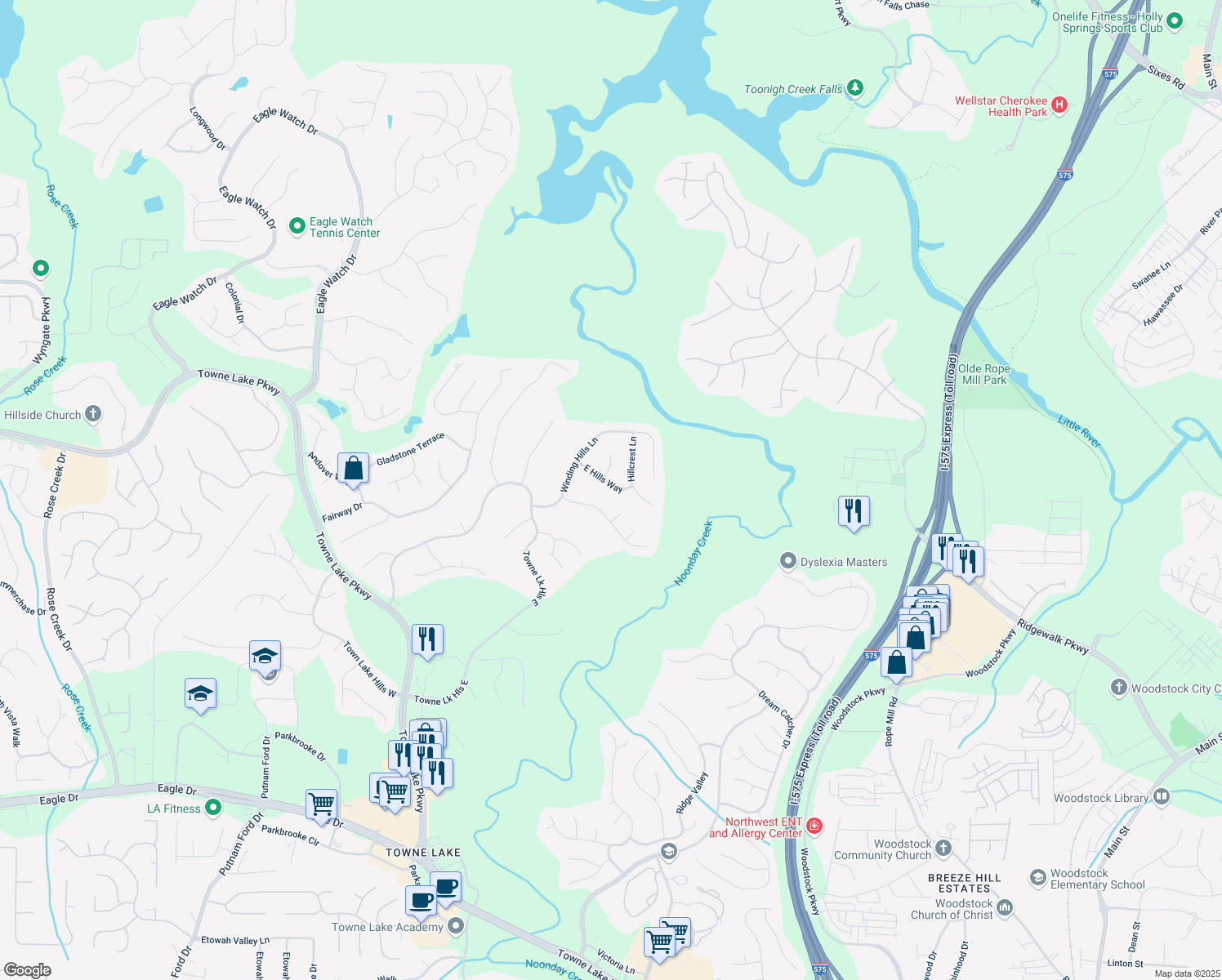 map of restaurants, bars, coffee shops, grocery stores, and more near 7014 East Hills Way in Woodstock
