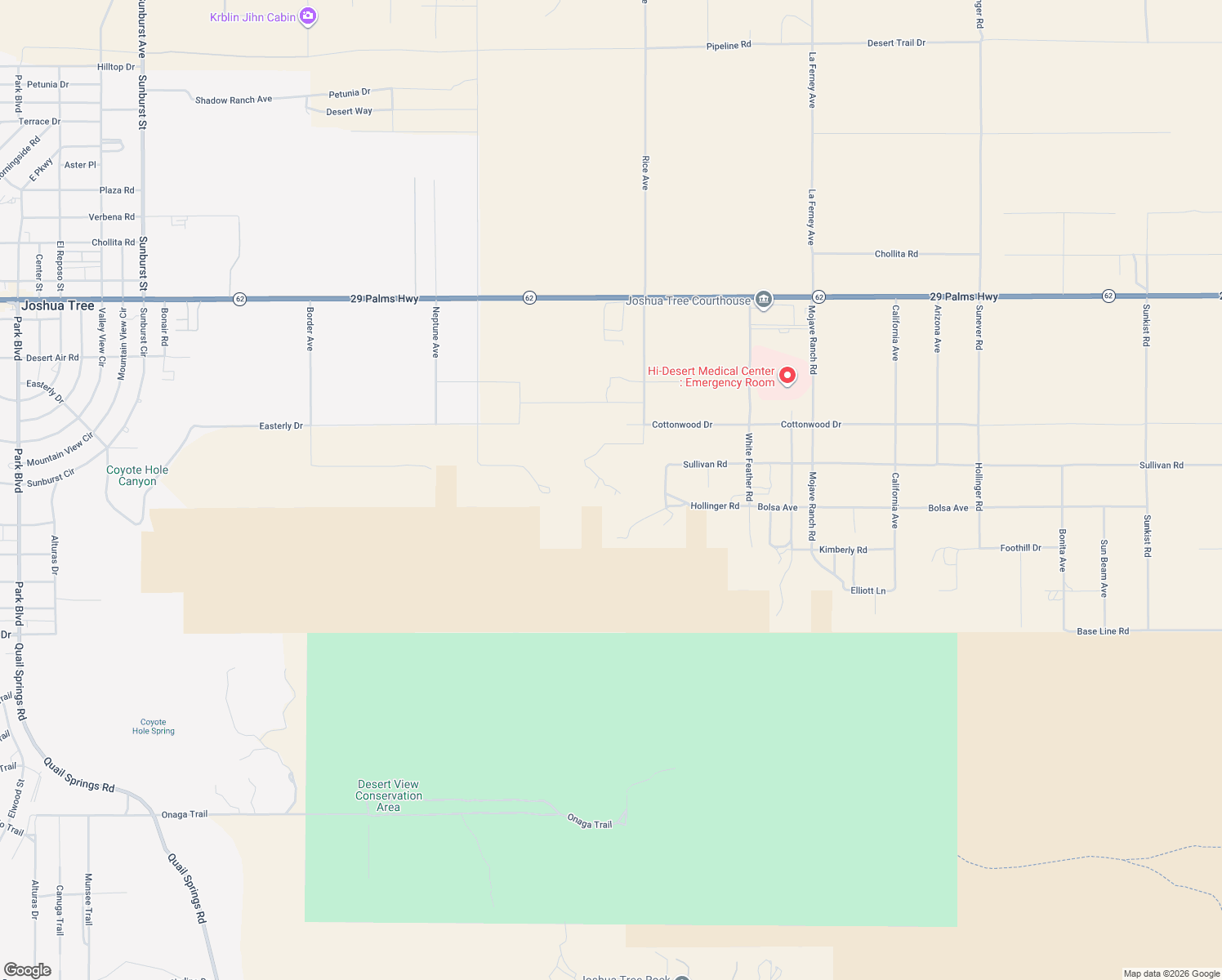 map of restaurants, bars, coffee shops, grocery stores, and more near 63213 Sullivan Road in Joshua Tree