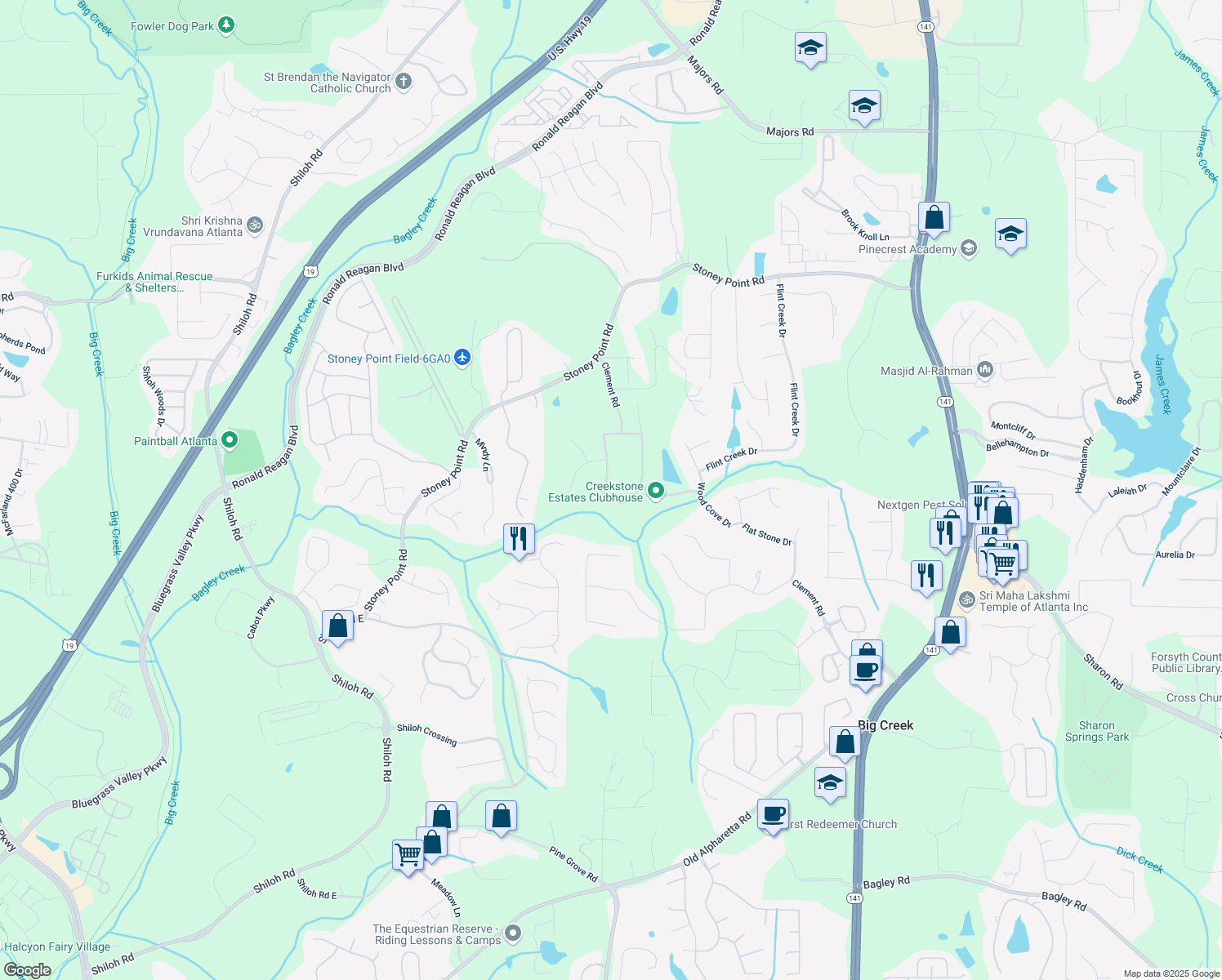 map of restaurants, bars, coffee shops, grocery stores, and more near 2260 Wood Falls Drive in Cumming