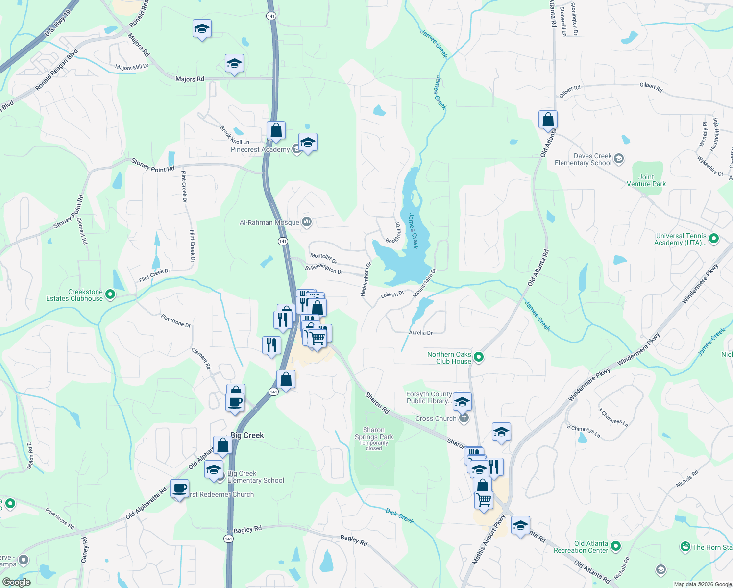 map of restaurants, bars, coffee shops, grocery stores, and more near 1525 Haddenham Drive in Cumming