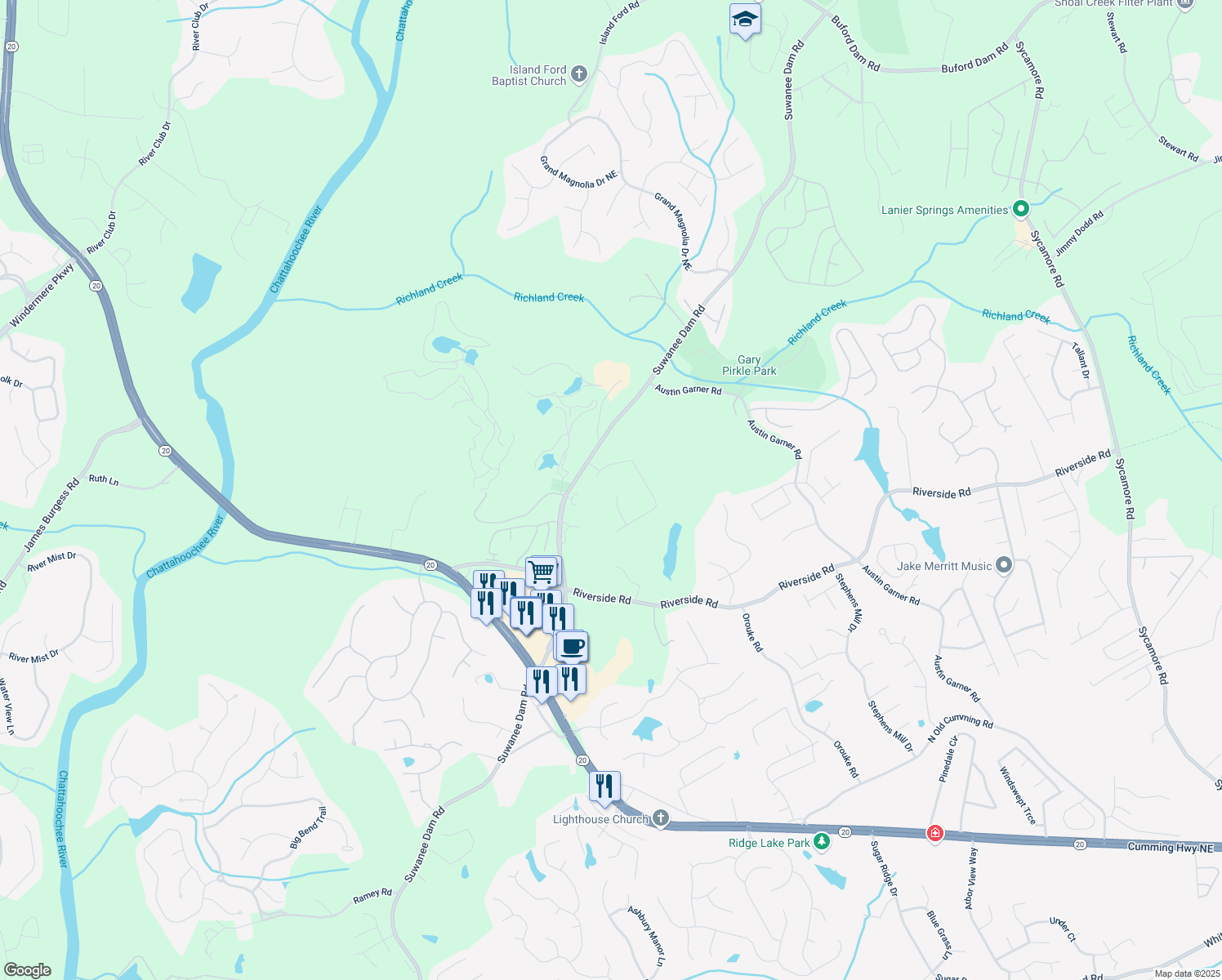 map of restaurants, bars, coffee shops, grocery stores, and more near 6050 Eagle Close Lane in Sugar Hill