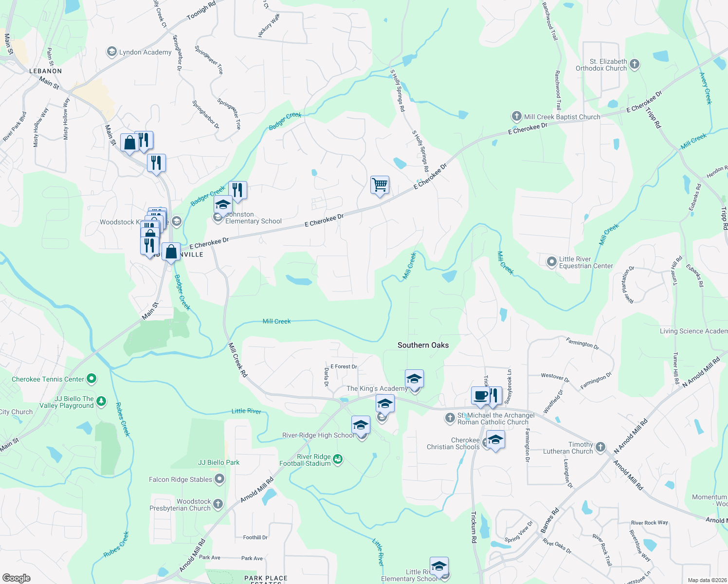 map of restaurants, bars, coffee shops, grocery stores, and more near 152 Chickasaw Run in Woodstock