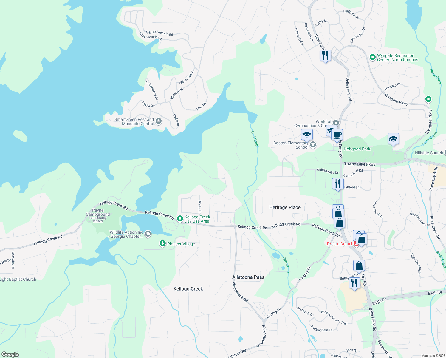 map of restaurants, bars, coffee shops, grocery stores, and more near Big K Drive in Cherokee County