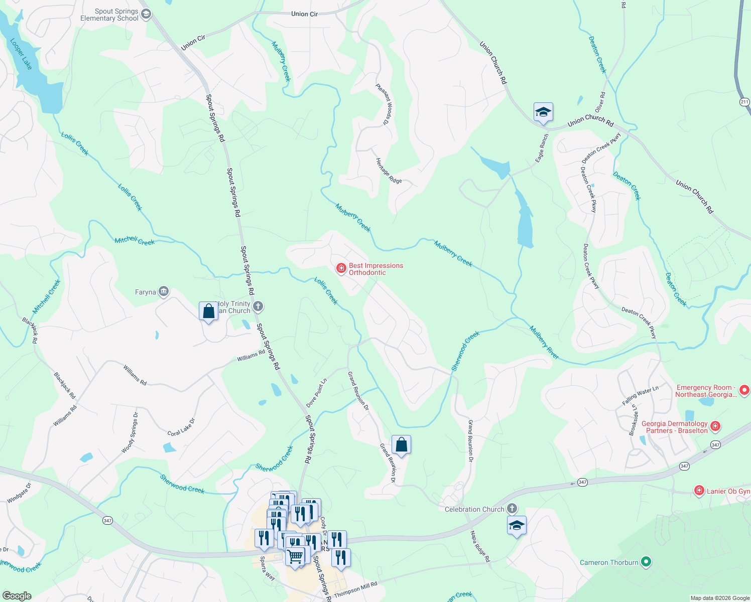 map of restaurants, bars, coffee shops, grocery stores, and more near 6368 Hickory Branch Drive in Hoschton