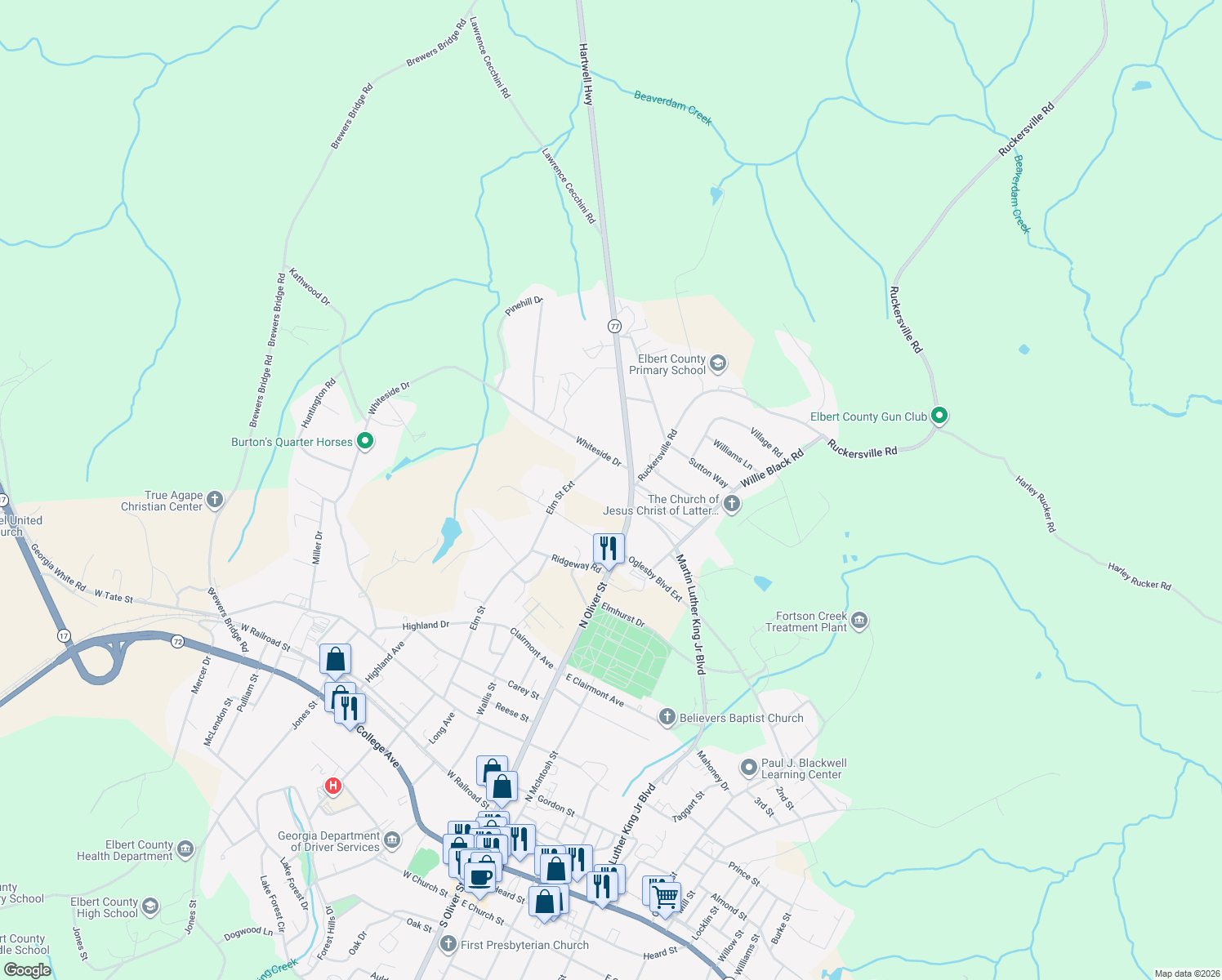map of restaurants, bars, coffee shops, grocery stores, and more near 1041 Hartwell Highway in Elberton