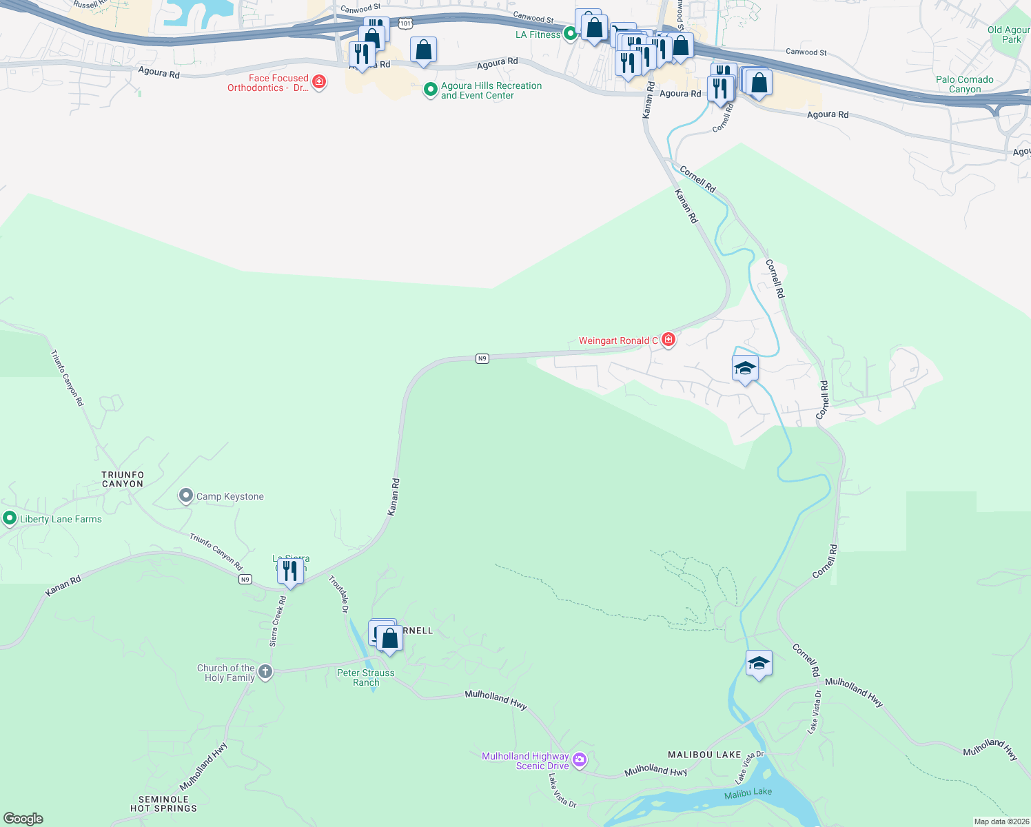 map of restaurants, bars, coffee shops, grocery stores, and more near None in Agoura Hills