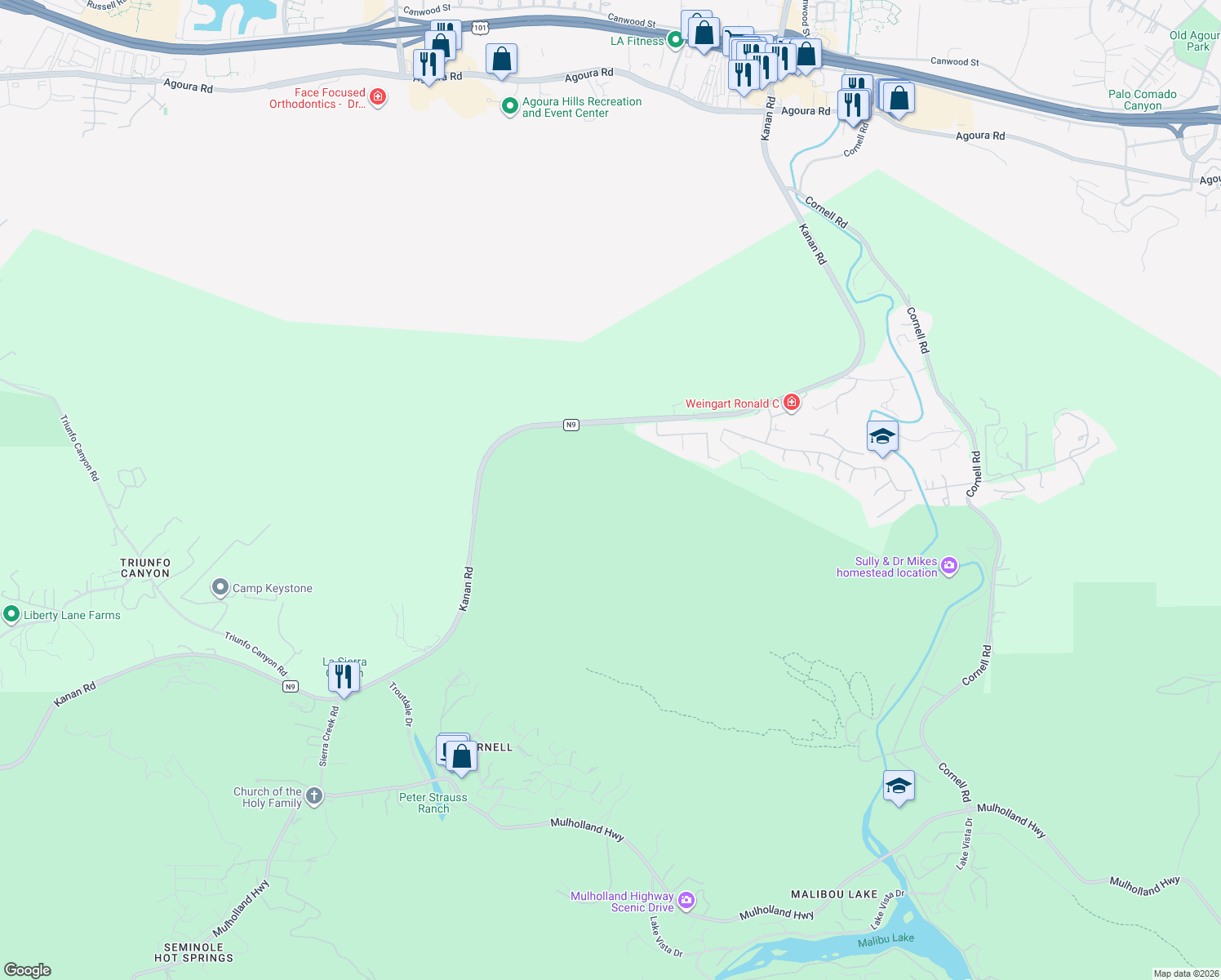 map of restaurants, bars, coffee shops, grocery stores, and more near 0 Kanan Road in Oak Park
