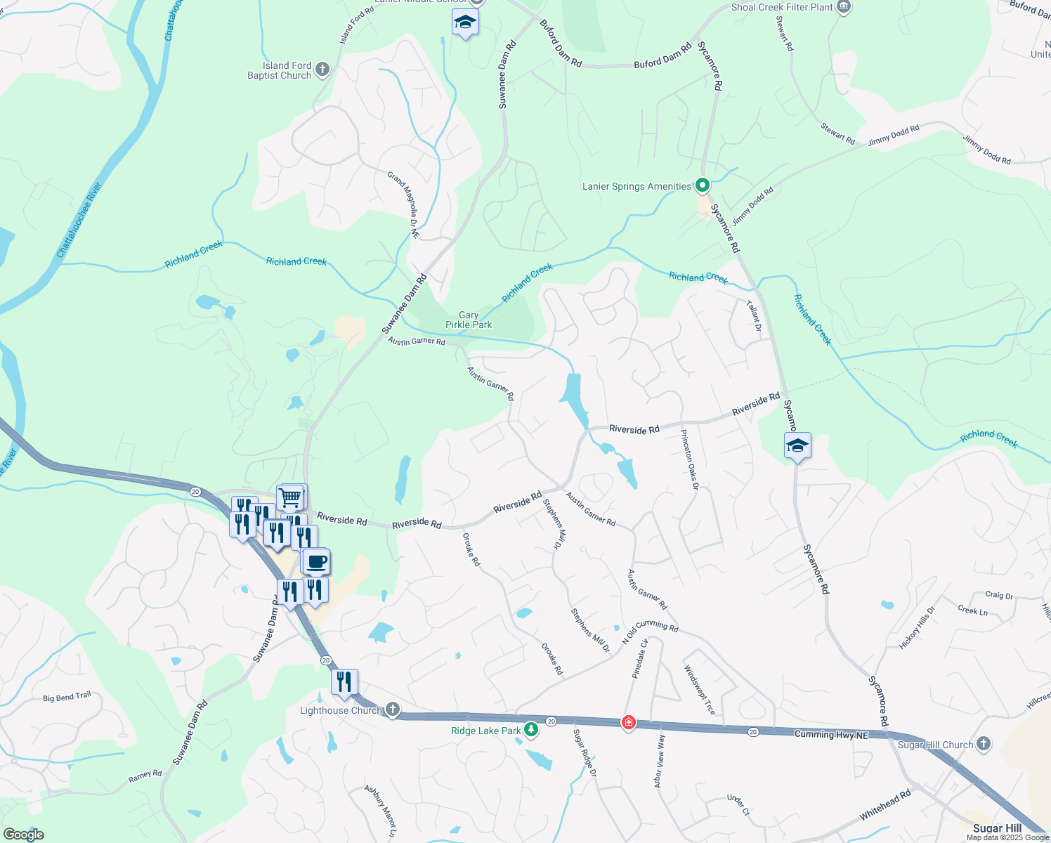 map of restaurants, bars, coffee shops, grocery stores, and more near 908 Upland Ives Drive in Sugar Hill