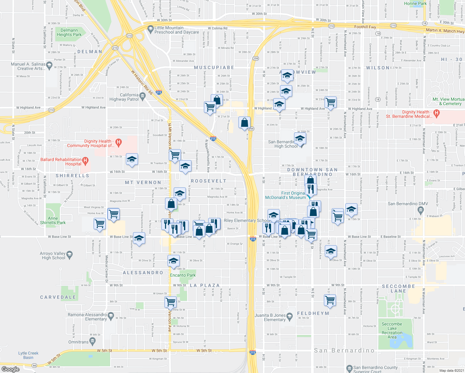 map of restaurants, bars, coffee shops, grocery stores, and more near 994 West 15th Street in San Bernardino