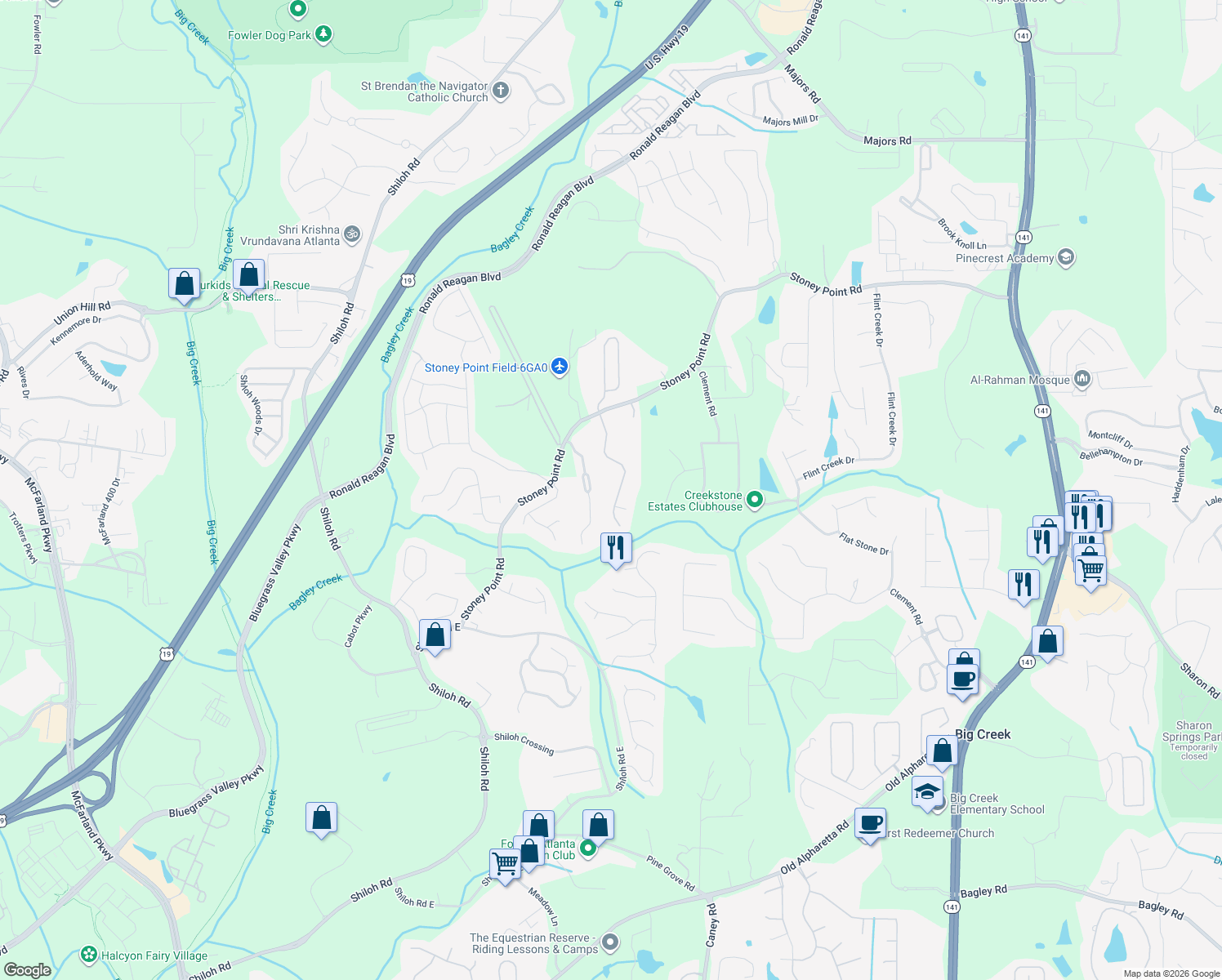 map of restaurants, bars, coffee shops, grocery stores, and more near 2220 Stoney Point Farm Rd in Cumming