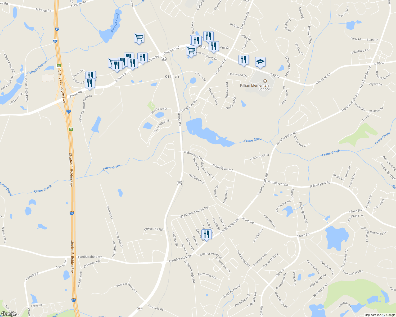 map of restaurants, bars, coffee shops, grocery stores, and more near 100 Beaver Creek Drive in Columbia