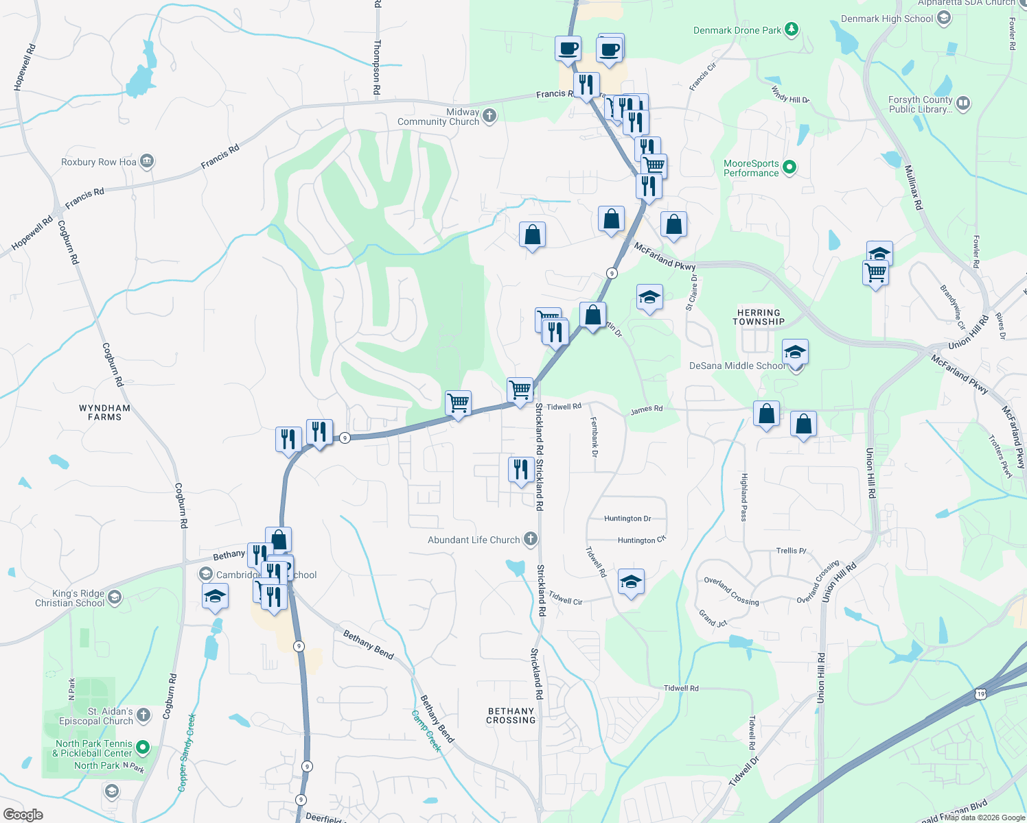 map of restaurants, bars, coffee shops, grocery stores, and more near 50 Tidwell Road in Alpharetta