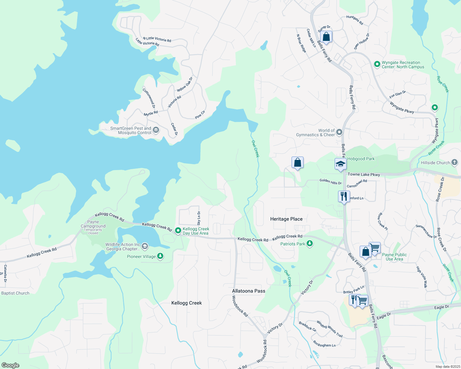 map of restaurants, bars, coffee shops, grocery stores, and more near 7125 McCurley Road in Acworth