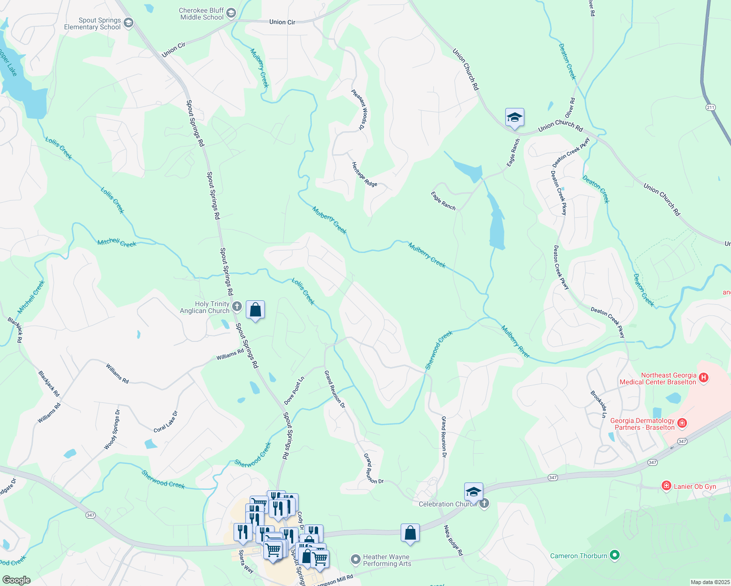 map of restaurants, bars, coffee shops, grocery stores, and more near 6248 Cedar Springs Lane in Hoschton