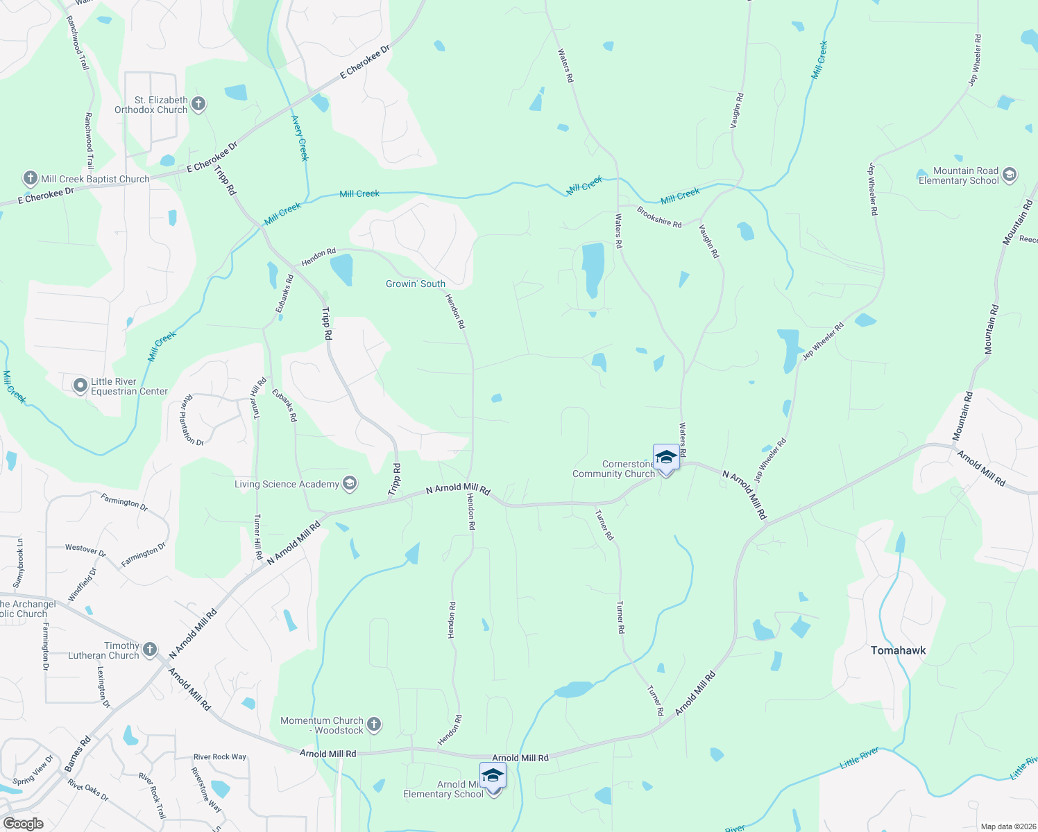 map of restaurants, bars, coffee shops, grocery stores, and more near 150 Henderson Farm Drive in Woodstock