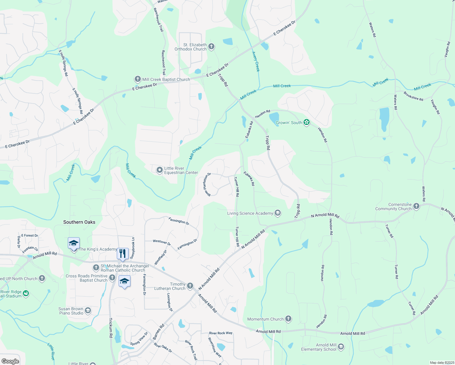 map of restaurants, bars, coffee shops, grocery stores, and more near 1081 River Plantation Drive in Woodstock