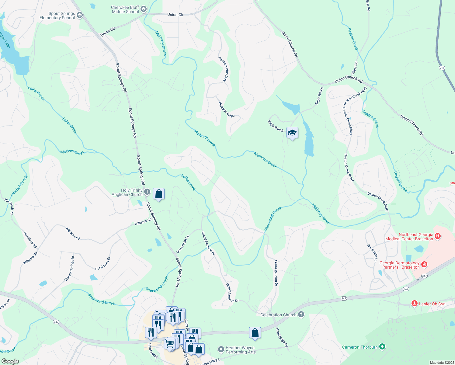 map of restaurants, bars, coffee shops, grocery stores, and more near 6248 Cedar Springs Lane in Hoschton