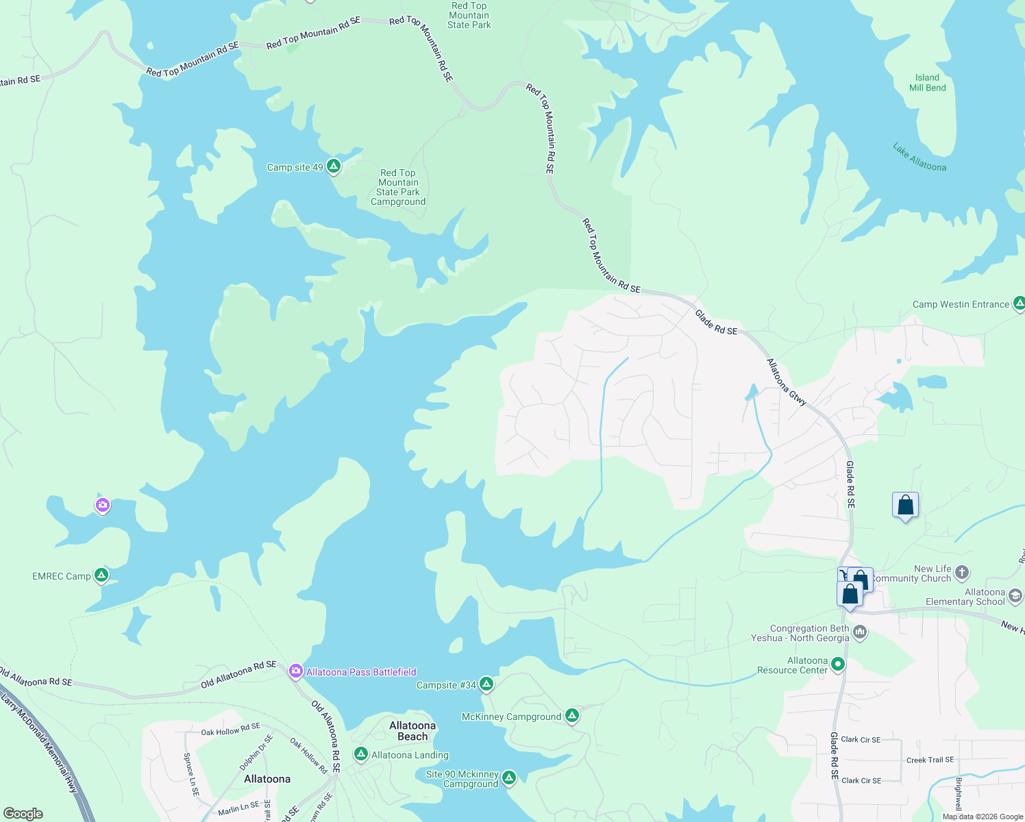map of restaurants, bars, coffee shops, grocery stores, and more near 5100 Waterfront Drive in Acworth