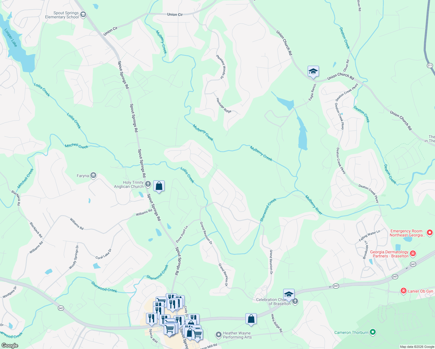 map of restaurants, bars, coffee shops, grocery stores, and more near 6260 Cedar Springs Lane in Hoschton