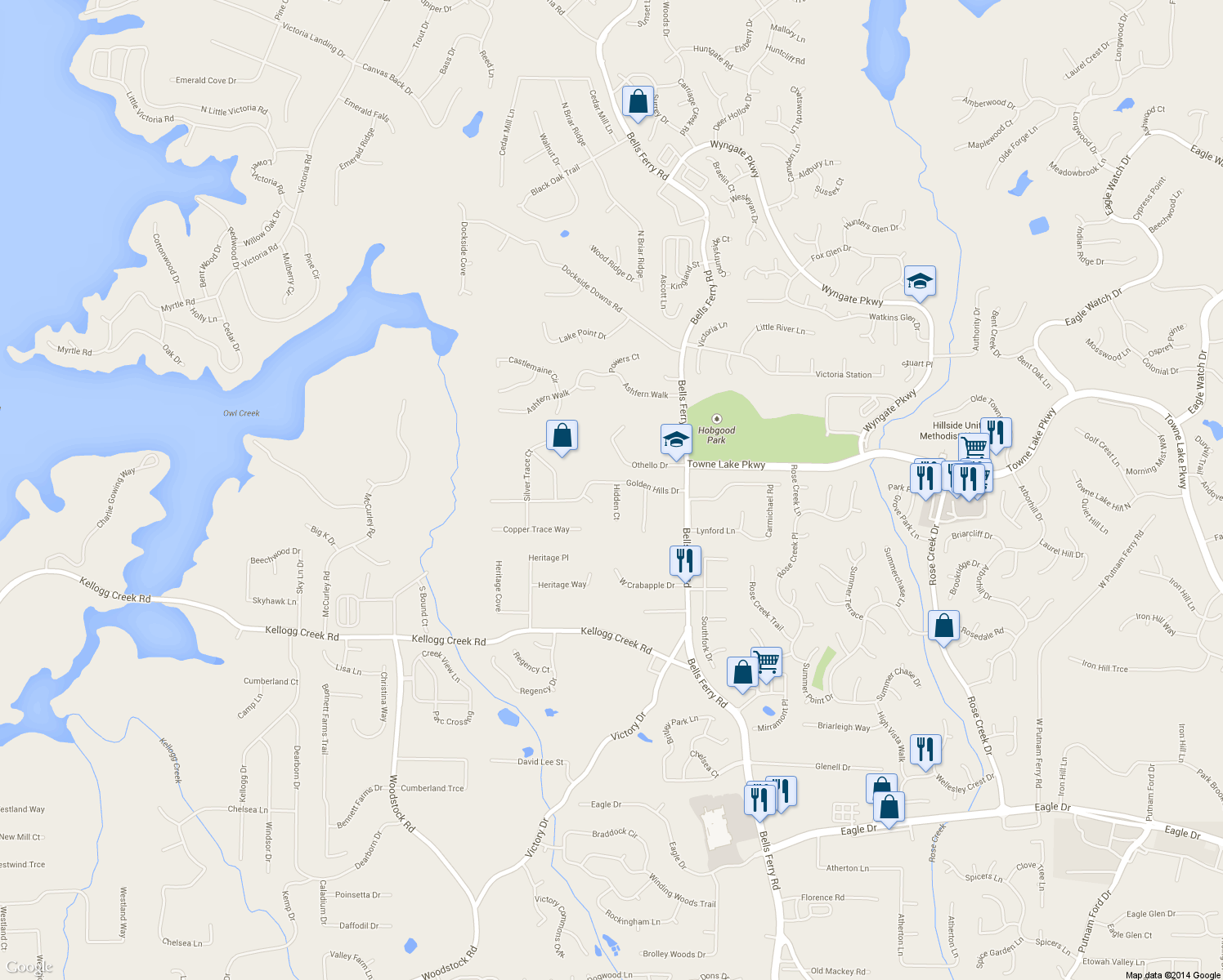 map of restaurants, bars, coffee shops, grocery stores, and more near 302 Hidden Court in Woodstock