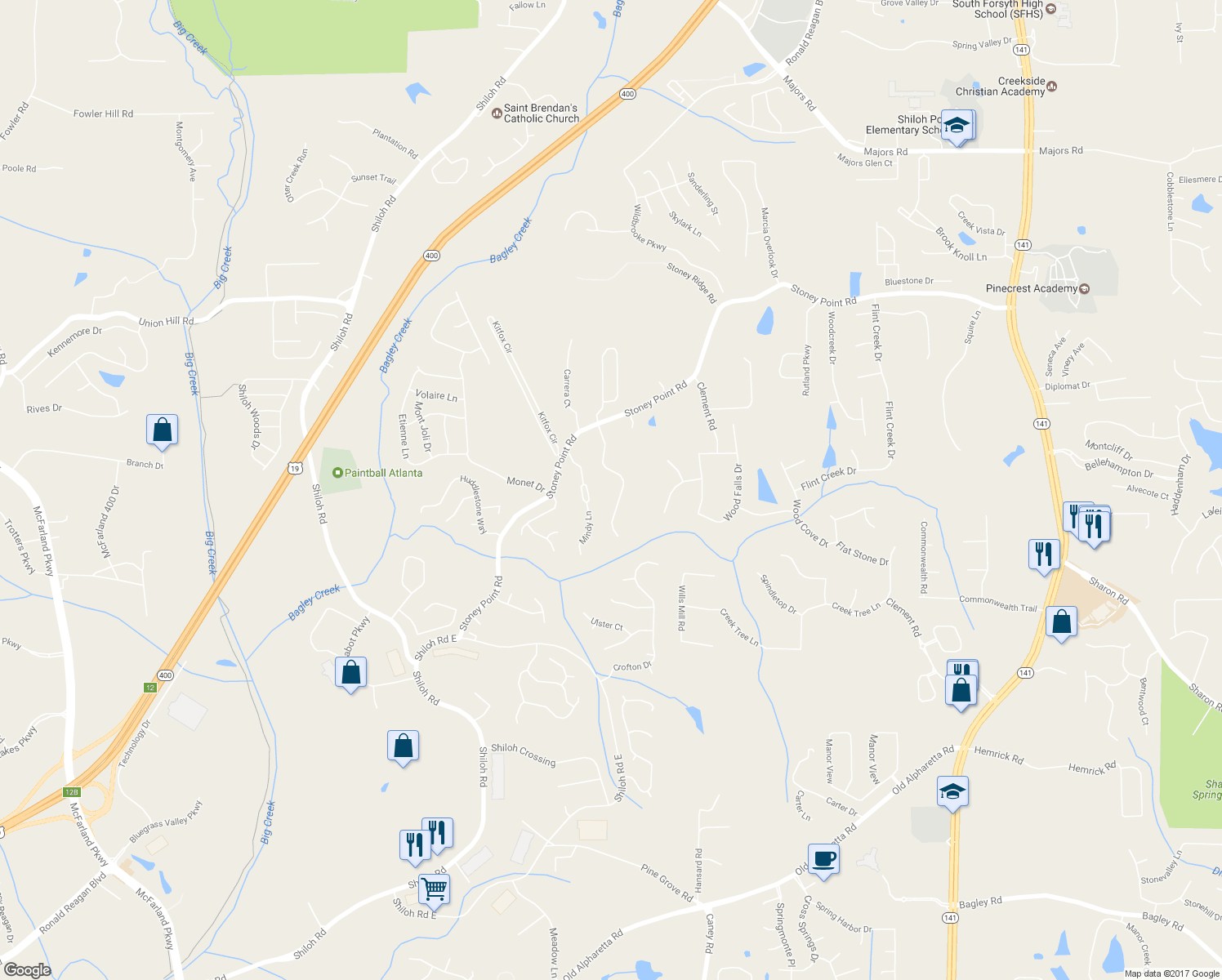 map of restaurants, bars, coffee shops, grocery stores, and more near 2210 Stoney Point Farm Road in Cumming