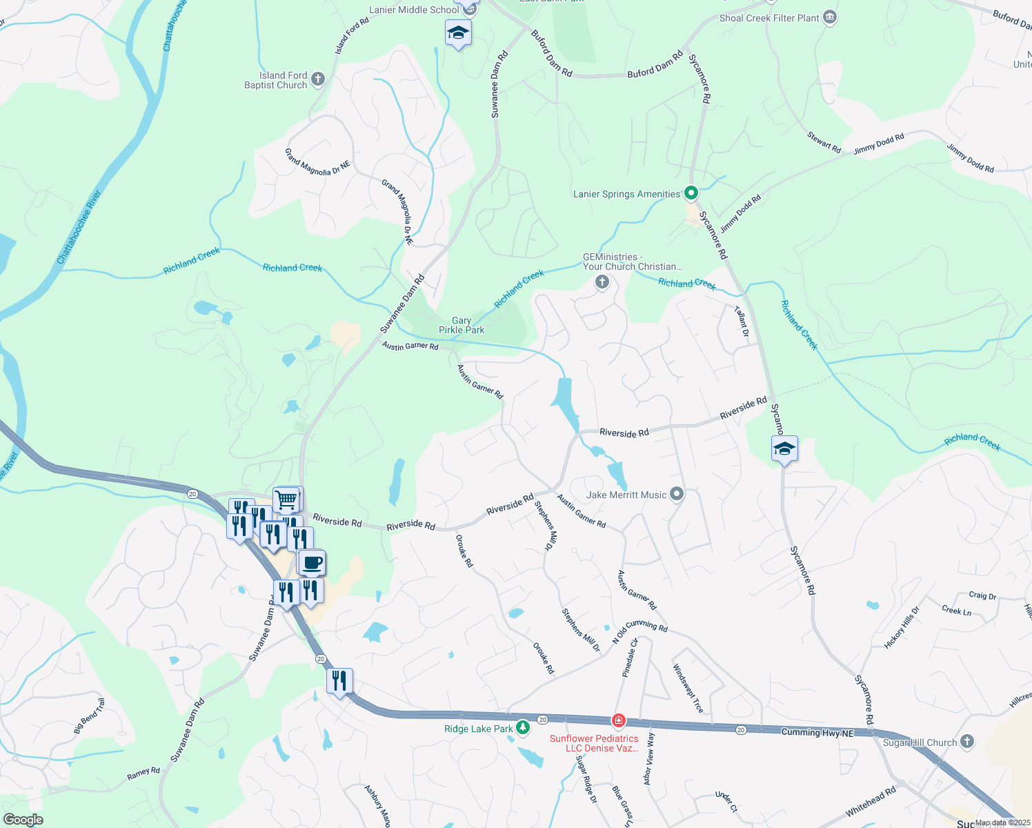 map of restaurants, bars, coffee shops, grocery stores, and more near 5985 Trail Hikes Drive in Sugar Hill