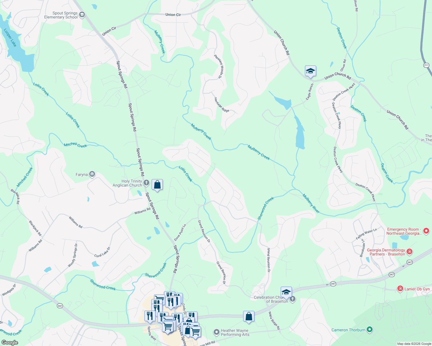 map of restaurants, bars, coffee shops, grocery stores, and more near 6260 Cedar Springs Lane in Hoschton