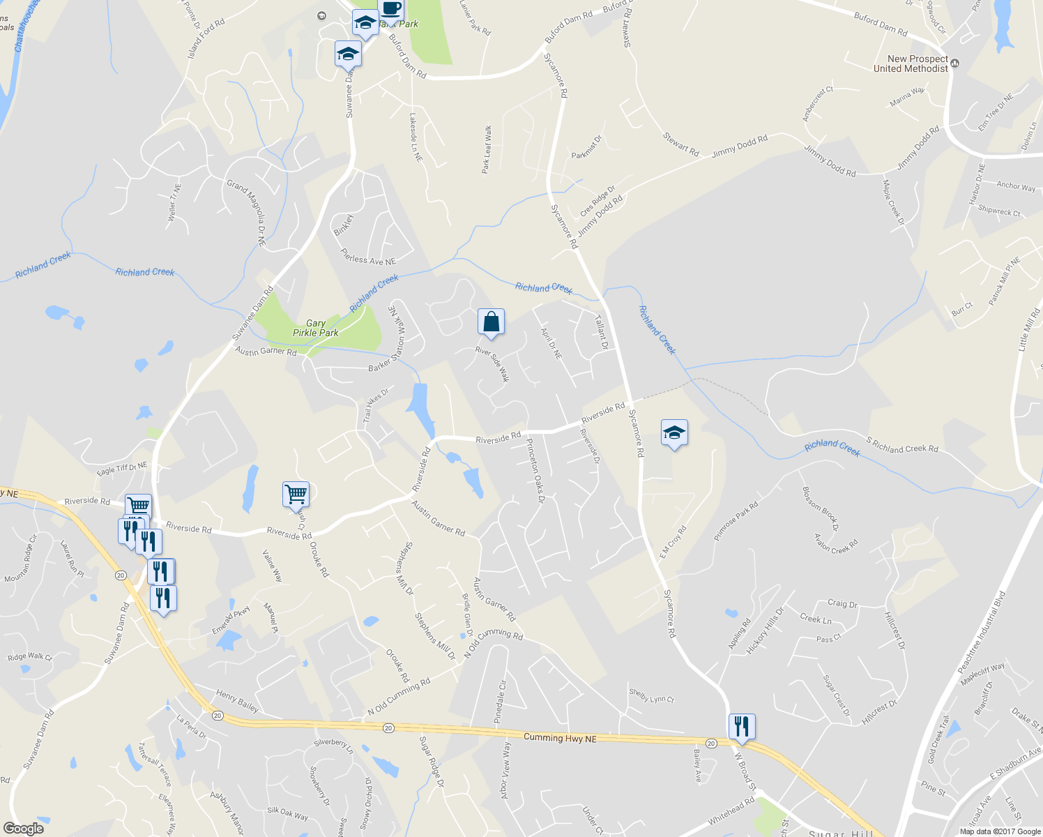 map of restaurants, bars, coffee shops, grocery stores, and more near 5720 River Ridge Lane in Sugar Hill