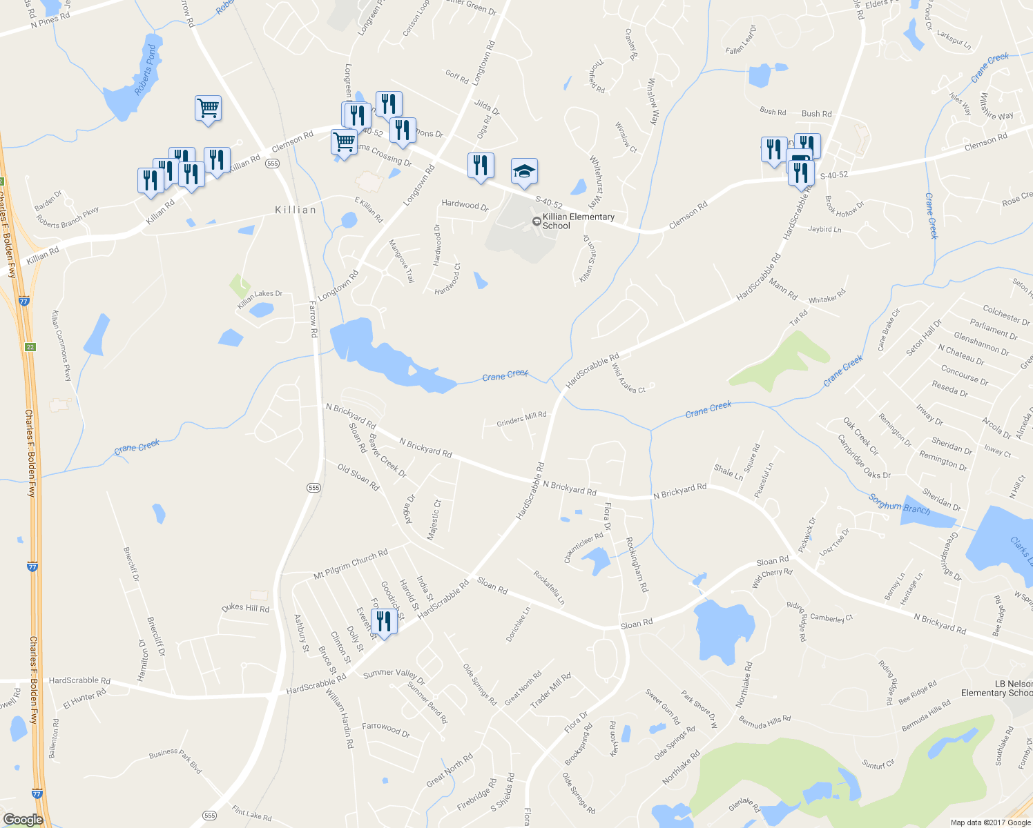 map of restaurants, bars, coffee shops, grocery stores, and more near 202 Grinders Mill Rd in Columbia