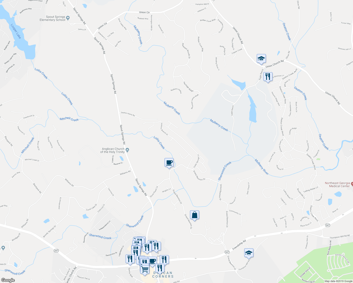 map of restaurants, bars, coffee shops, grocery stores, and more near 6472 Hickory Branch Drive in Hoschton