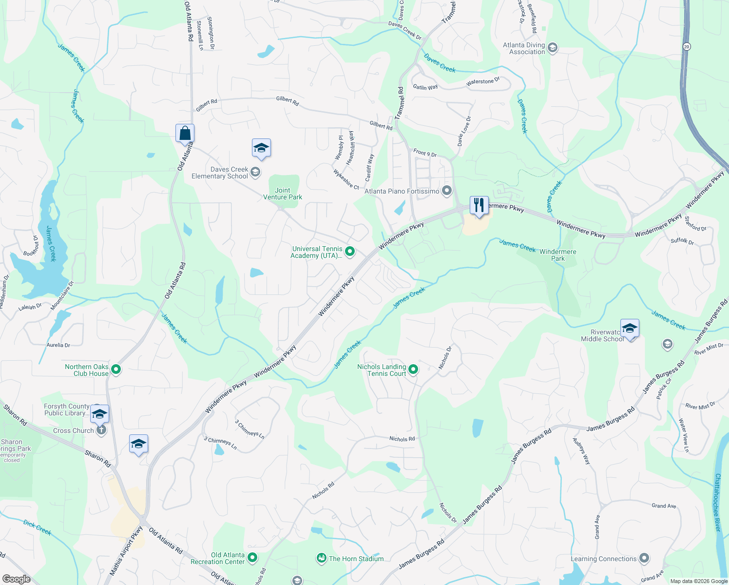 map of restaurants, bars, coffee shops, grocery stores, and more near 4345 Granby Circle in Cumming