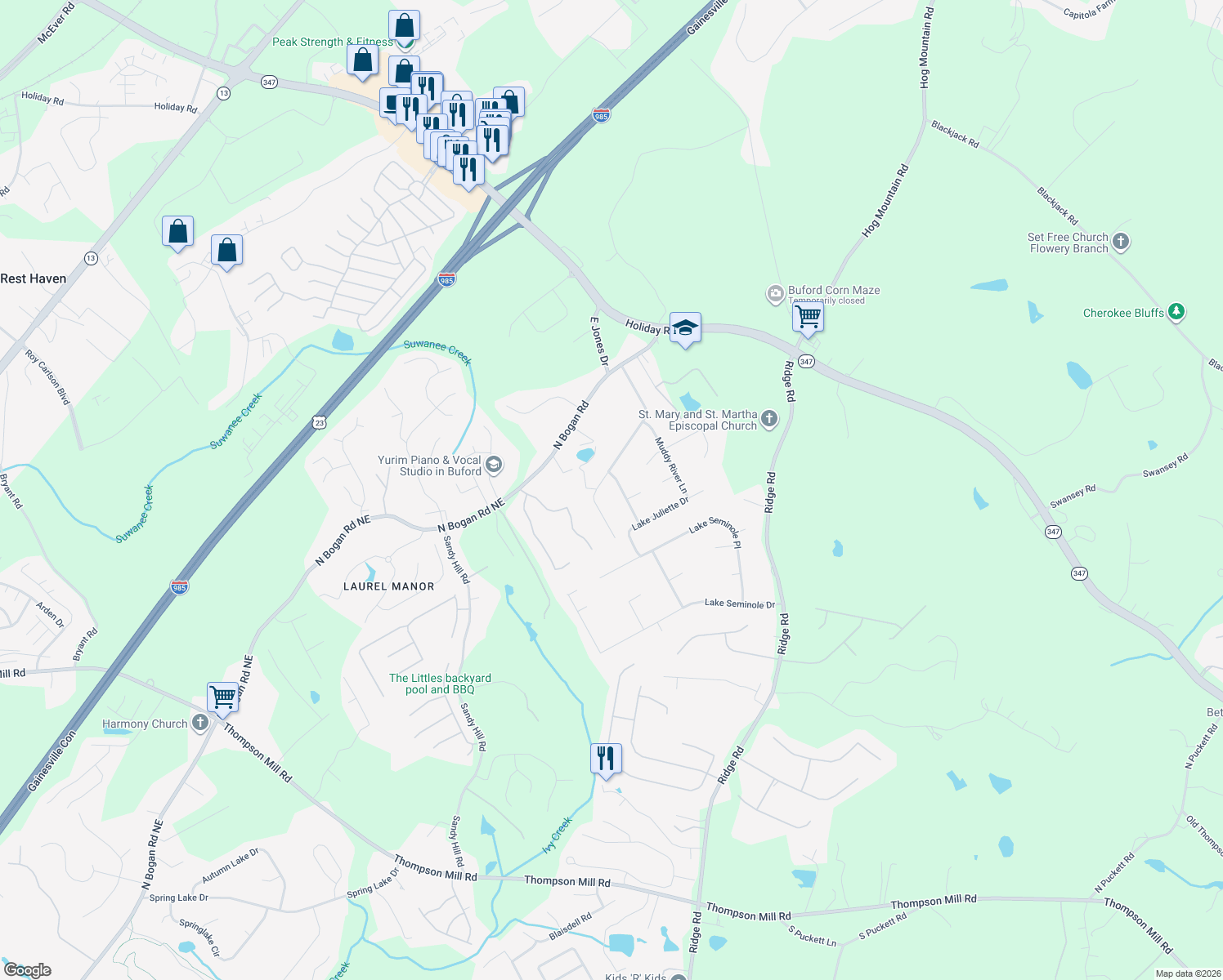 map of restaurants, bars, coffee shops, grocery stores, and more near 4254 Carters Lake Dr in Buford