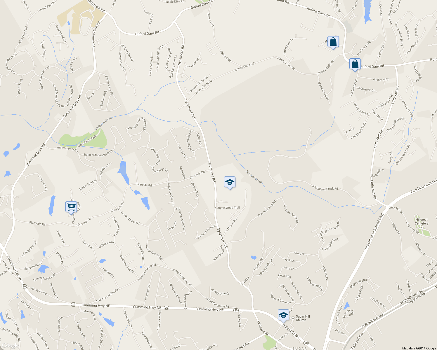 map of restaurants, bars, coffee shops, grocery stores, and more near 5800 S Richland Creek Rd in Buford