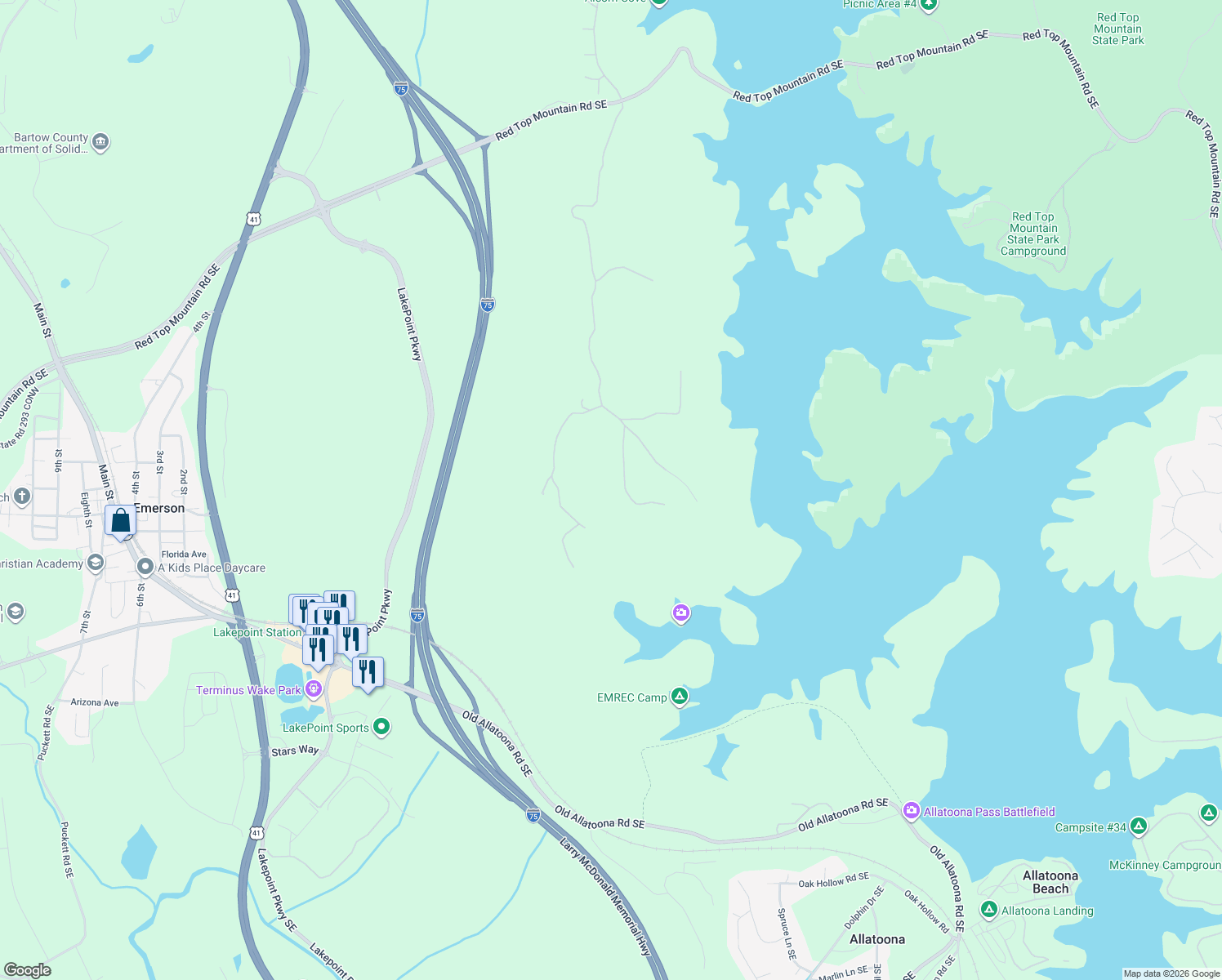 map of restaurants, bars, coffee shops, grocery stores, and more near 18 Ridgewater Drive in Cartersville