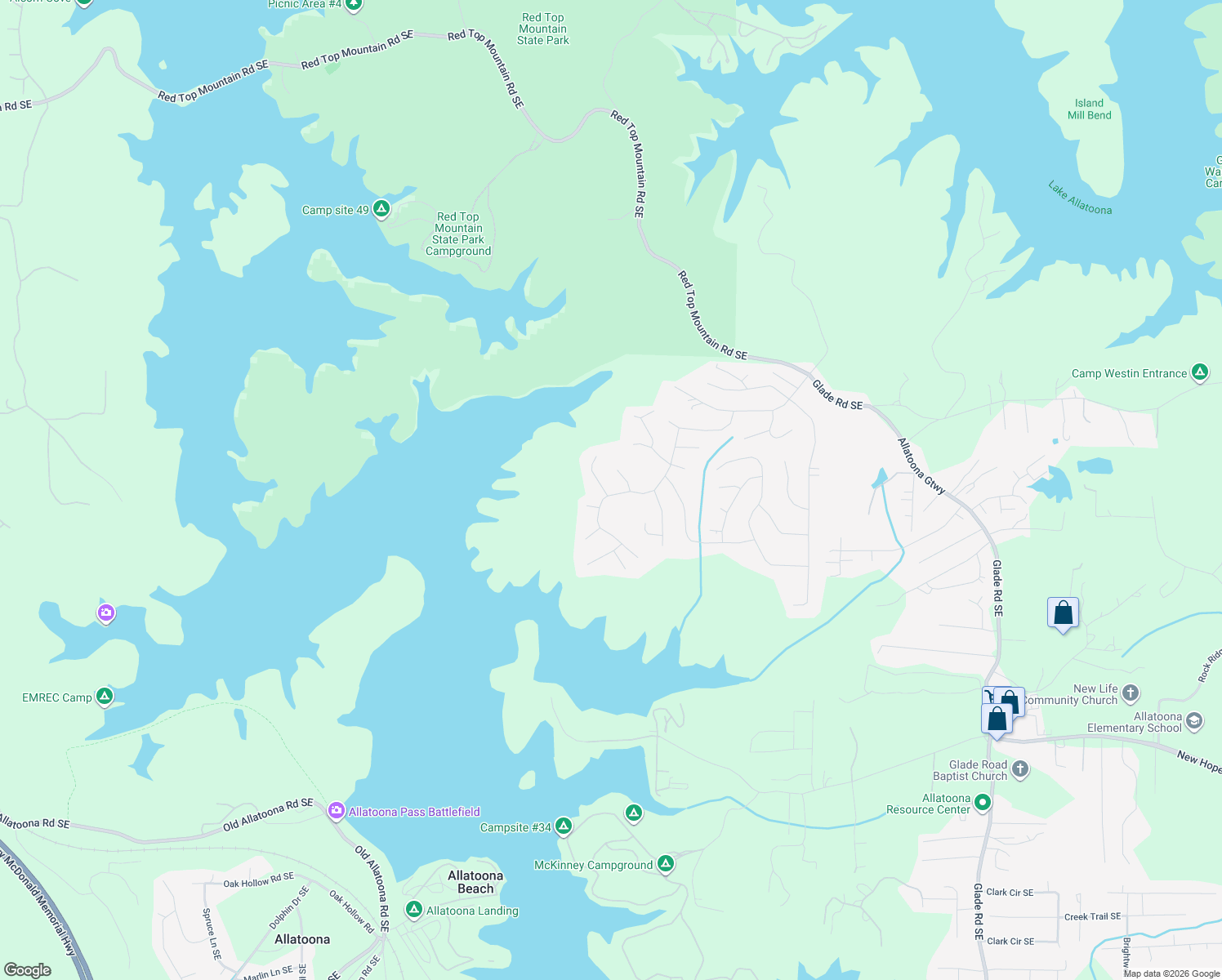 map of restaurants, bars, coffee shops, grocery stores, and more near 5100 Waterfront Drive in Acworth