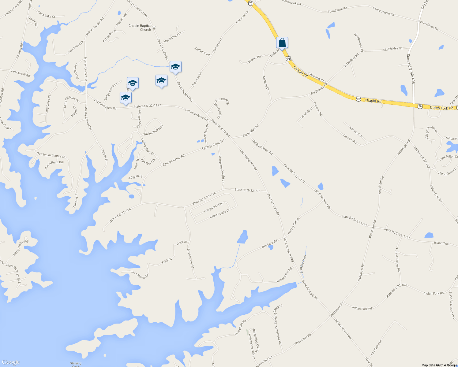 map of restaurants, bars, coffee shops, grocery stores, and more near 174 State Road S-32-716 in Chapin