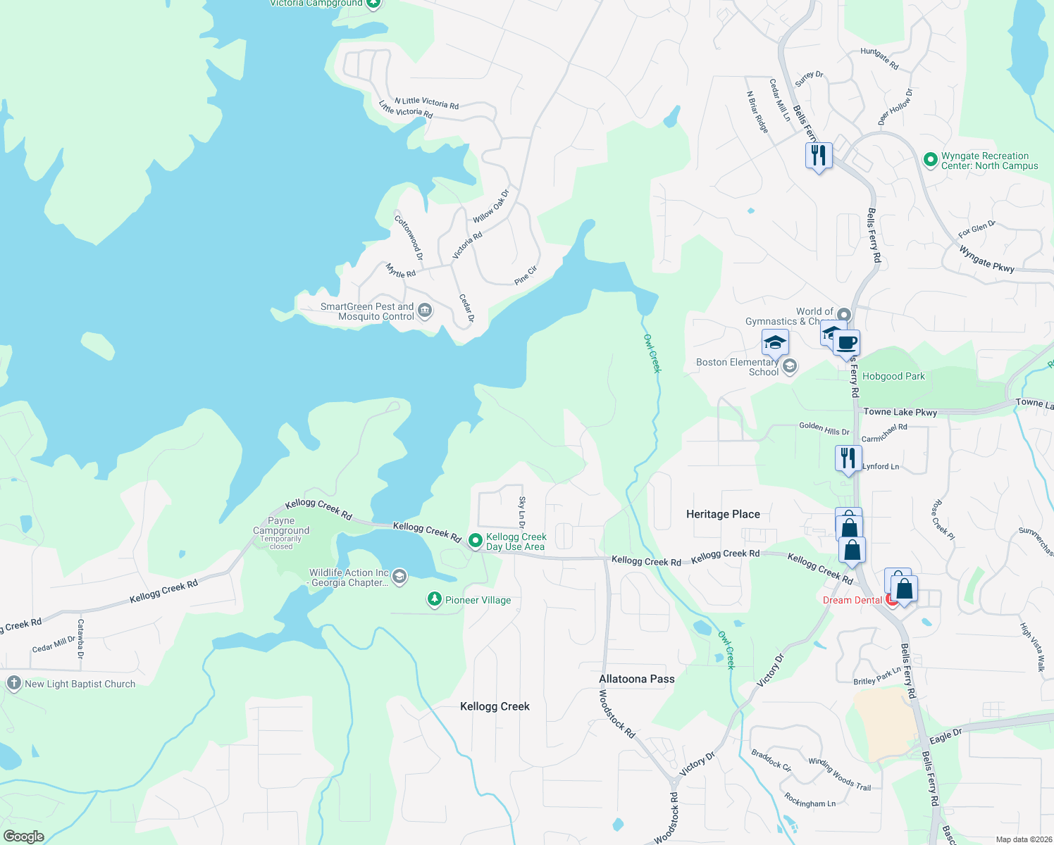 map of restaurants, bars, coffee shops, grocery stores, and more near Big K Drive in Cherokee County