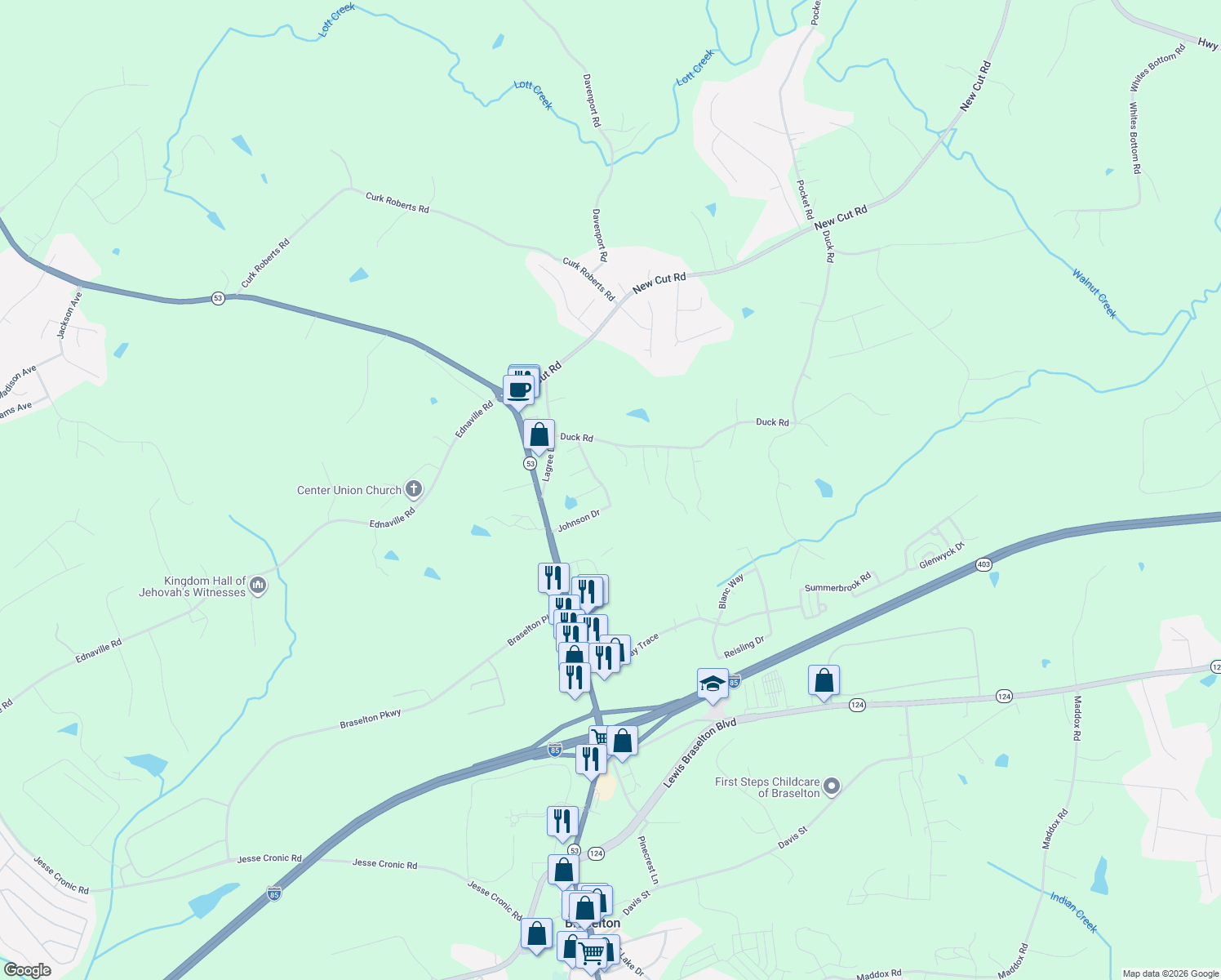 map of restaurants, bars, coffee shops, grocery stores, and more near 268 Johnson Drive in Braselton