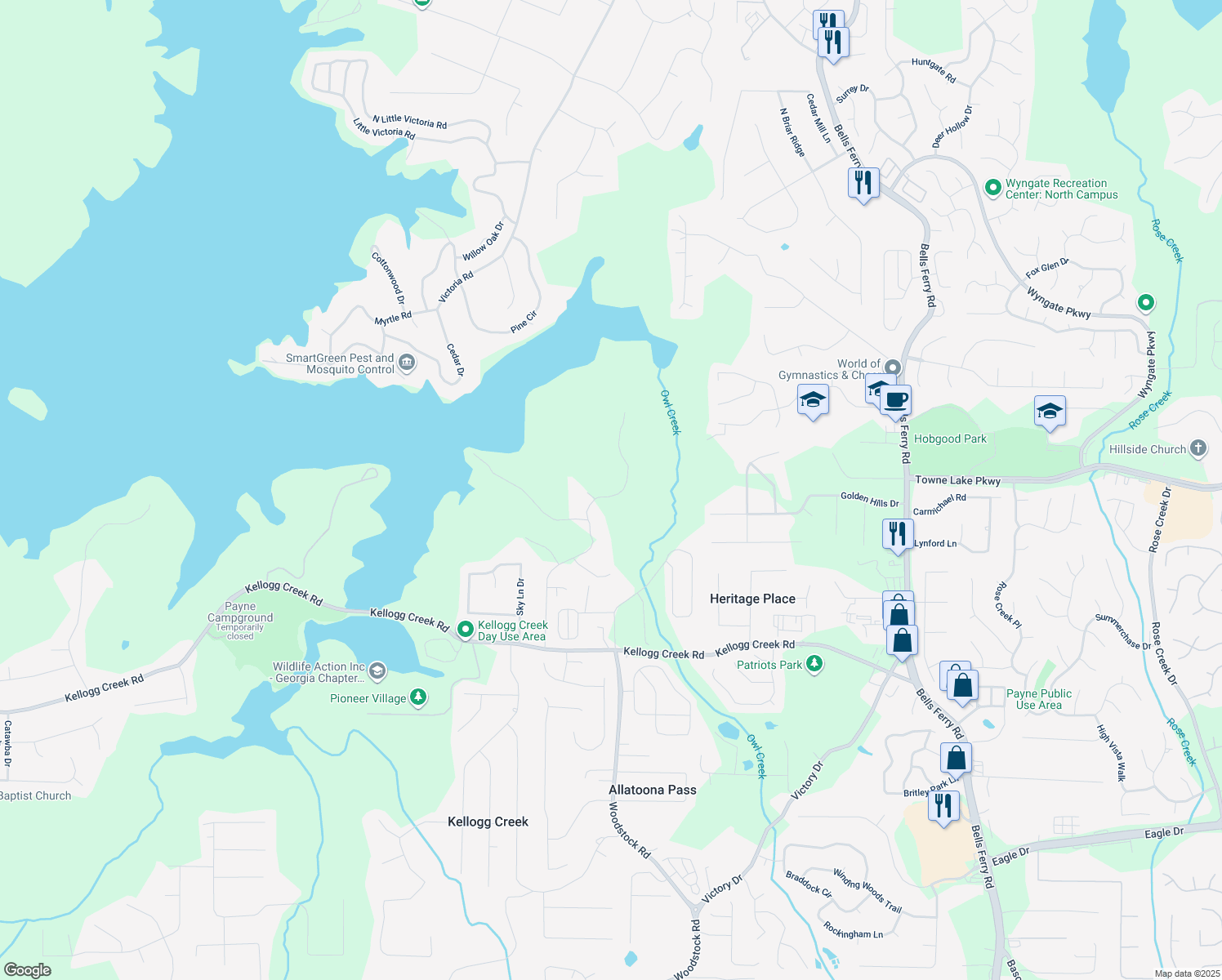 map of restaurants, bars, coffee shops, grocery stores, and more near 7125 McCurley Road in Acworth