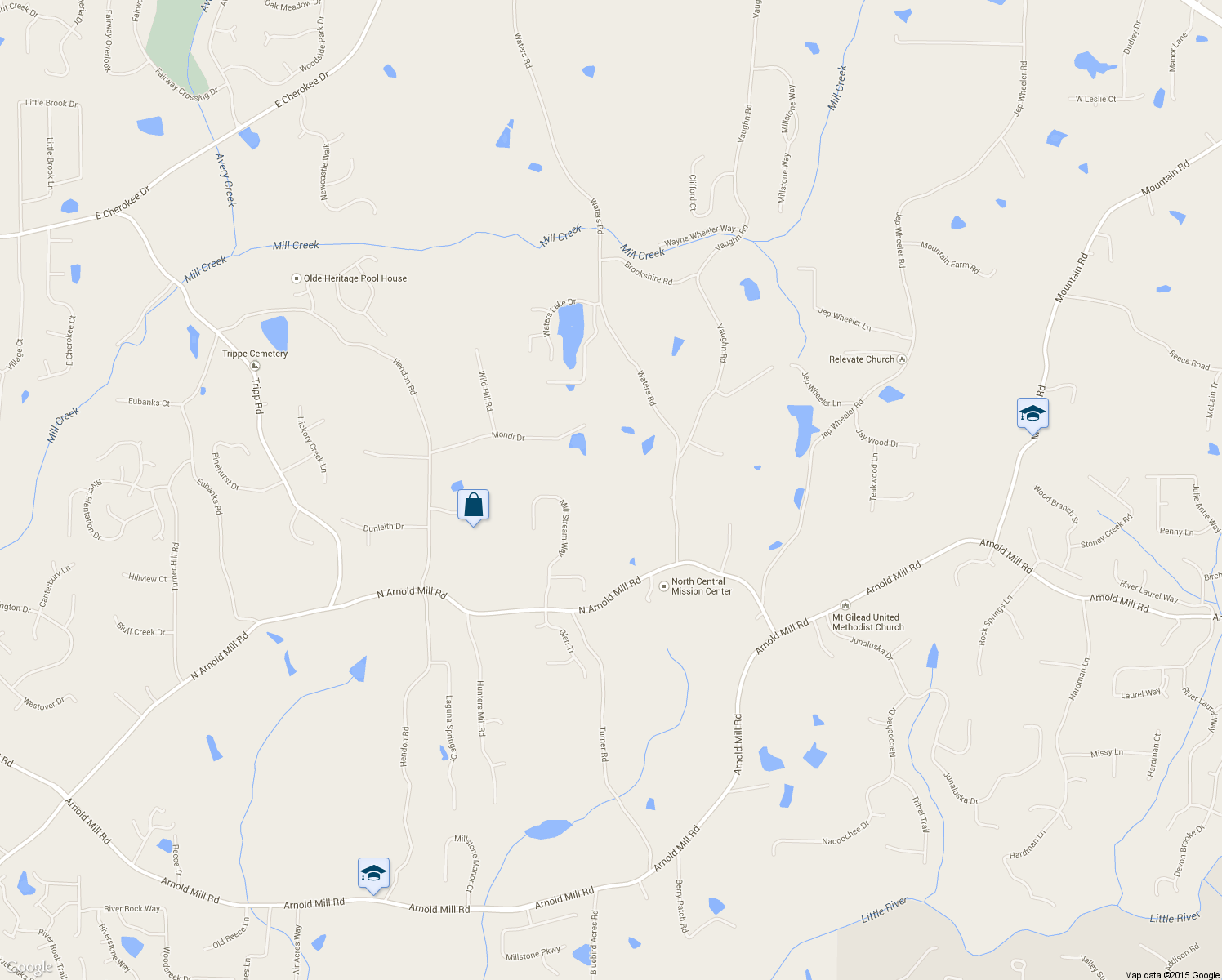 map of restaurants, bars, coffee shops, grocery stores, and more near 230 Waters Way in Woodstock