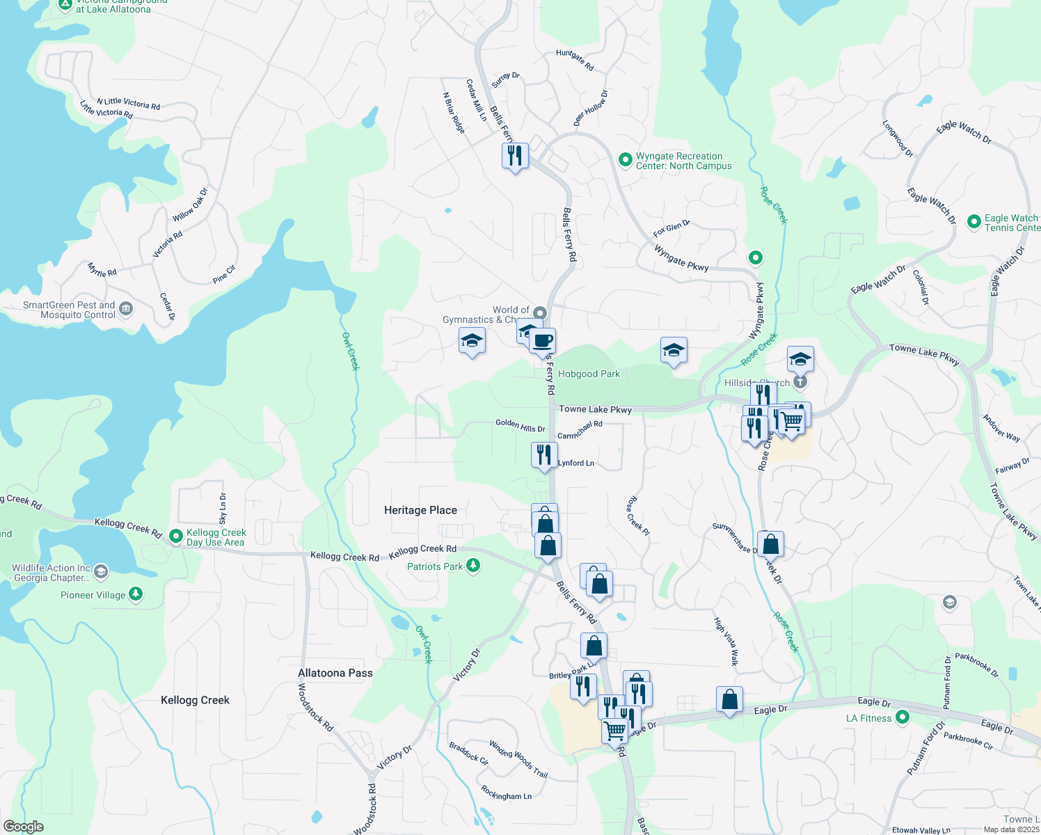 map of restaurants, bars, coffee shops, grocery stores, and more near 108 Golden Hills Dr in Woodstock