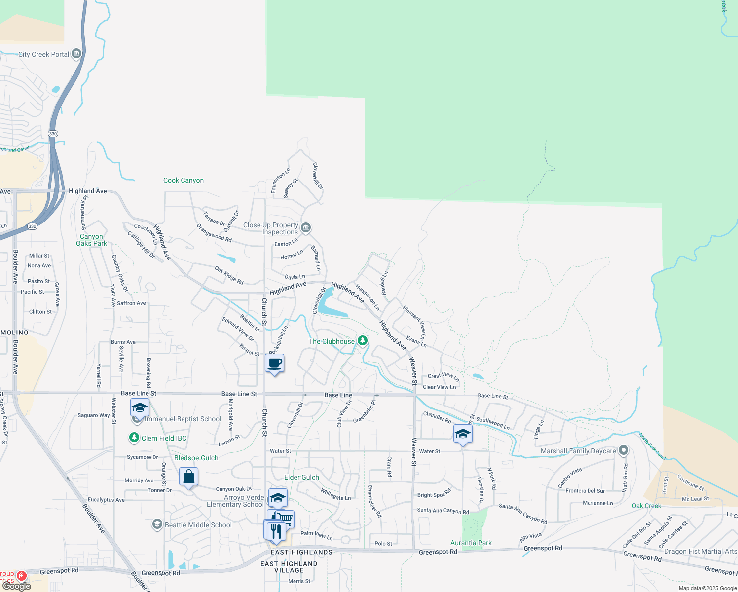 map of restaurants, bars, coffee shops, grocery stores, and more near 29320 Henderson Lane in Highland
