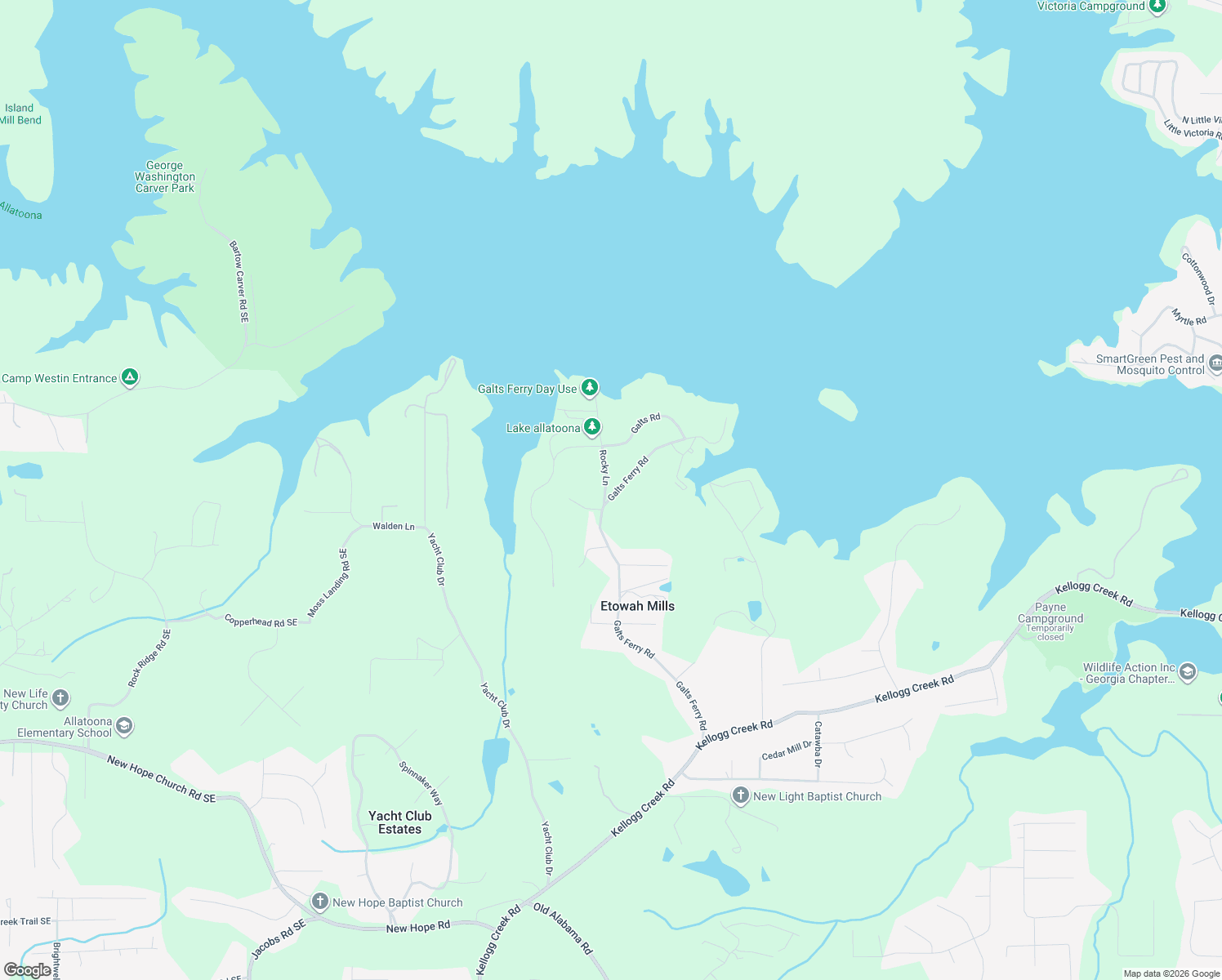 map of restaurants, bars, coffee shops, grocery stores, and more near 7207 Galts Ferry Road in Acworth