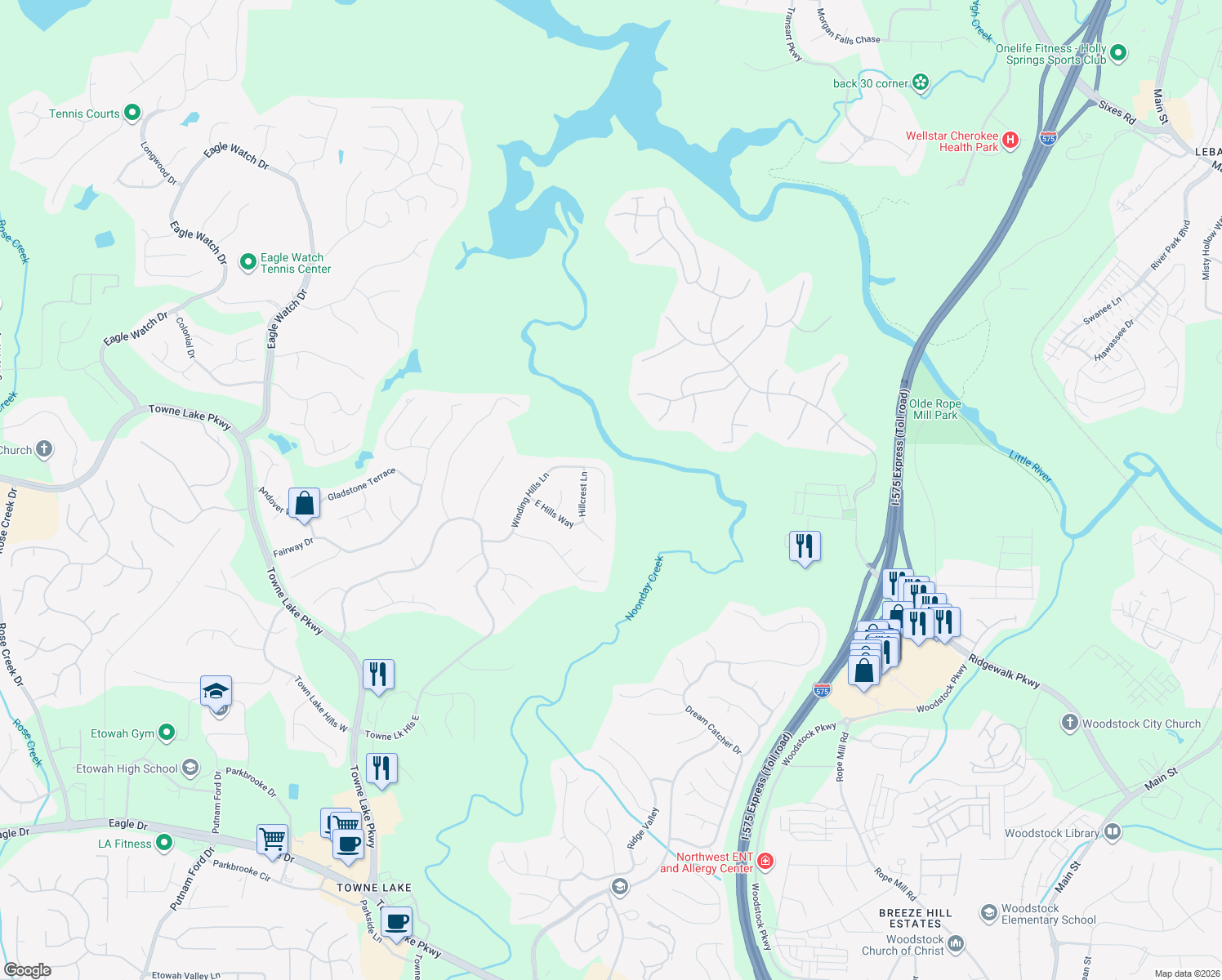 map of restaurants, bars, coffee shops, grocery stores, and more near 5067 Winding Hills Lane in Woodstock