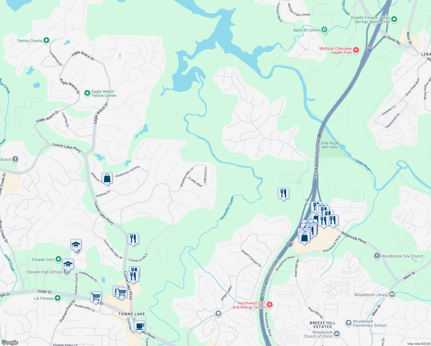 map of restaurants, bars, coffee shops, grocery stores, and more near 5067 Winding Hills Lane in Woodstock