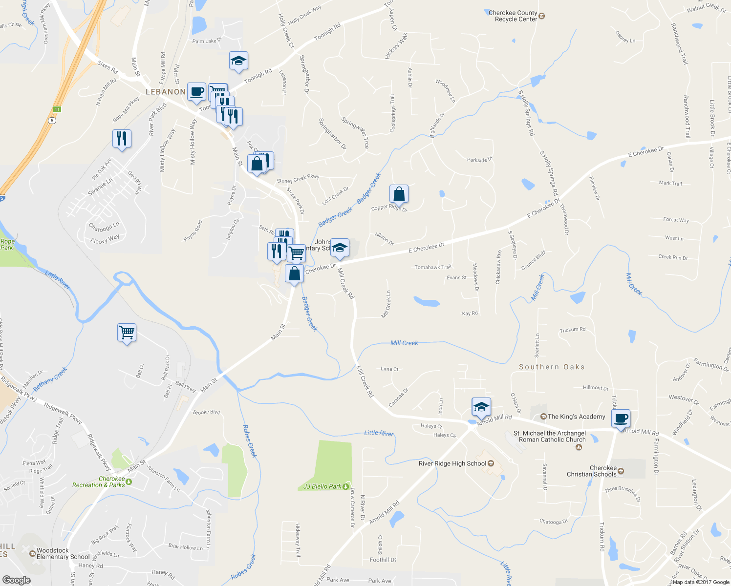 map of restaurants, bars, coffee shops, grocery stores, and more near 219 Mill Creek Road in Woodstock